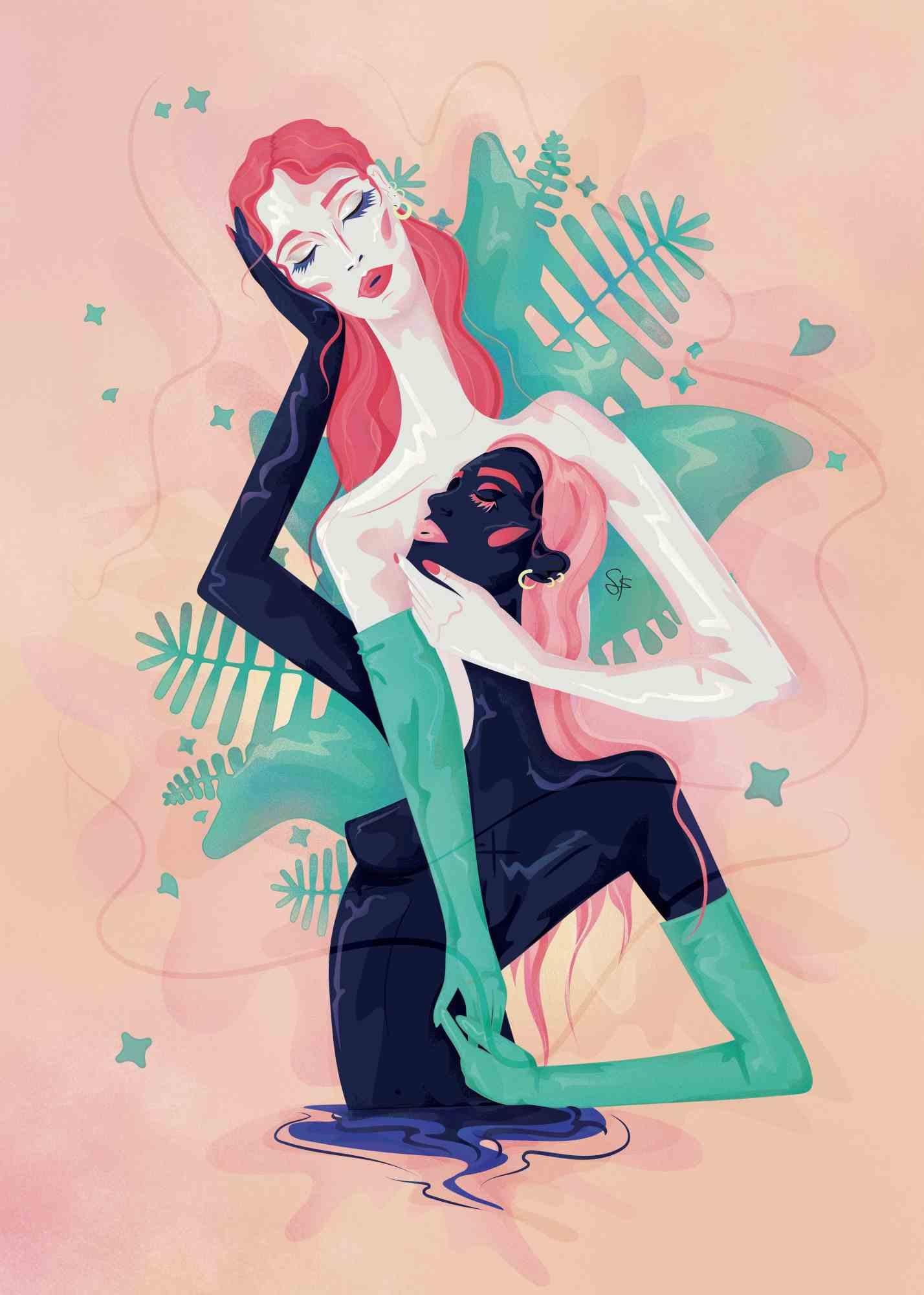 Present & Past is a beautiful illustration on paper (giclée print) realized by the Italian artist Sara Franzese in 2022.

Edition of 5. Hand-signed and numbered. 

The illustration represents two women, the Present that guards and holds the Past by