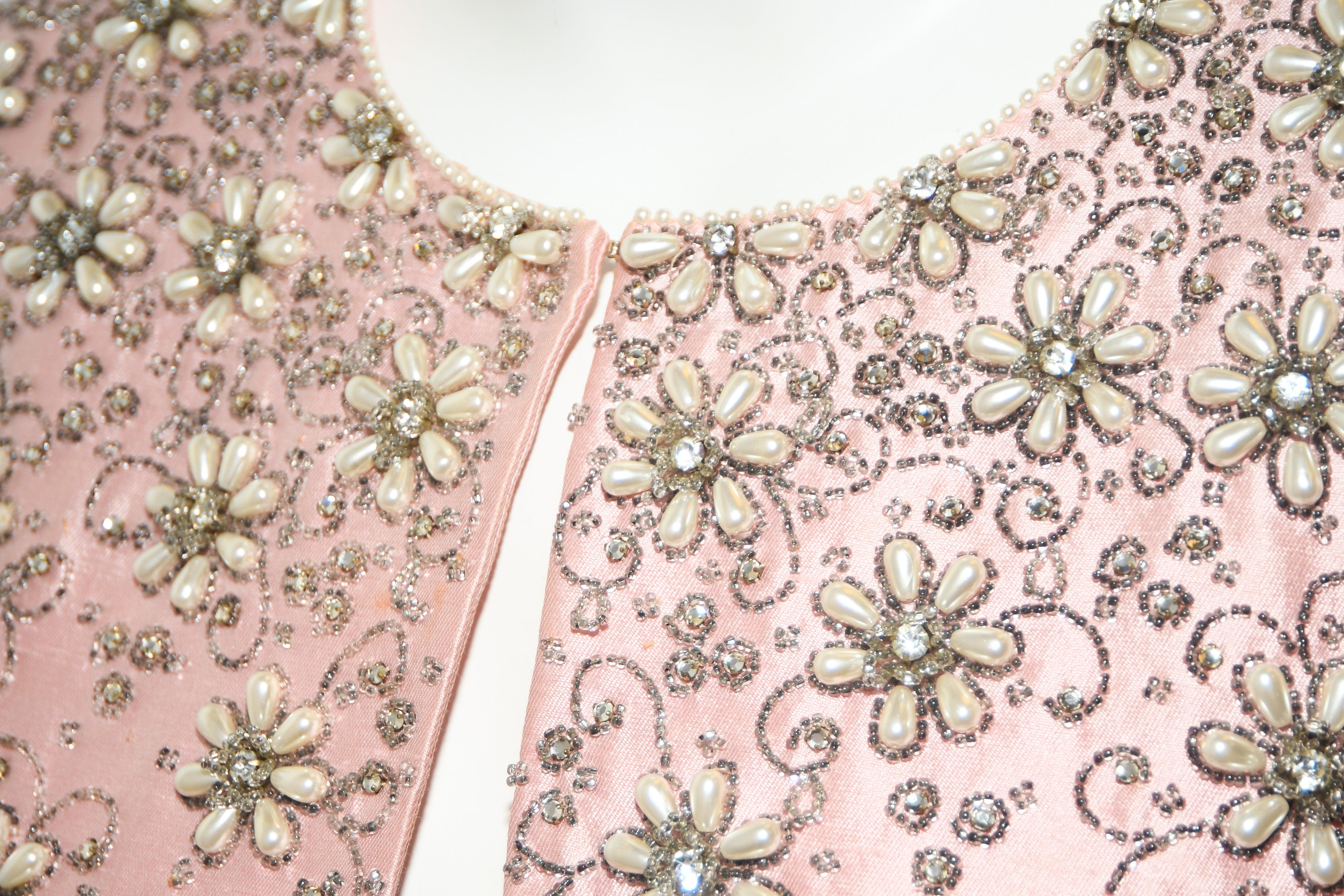 White Sara Fredericks Vintage  Heavily Beaded Long Evening Pink Silk Coat For Sale