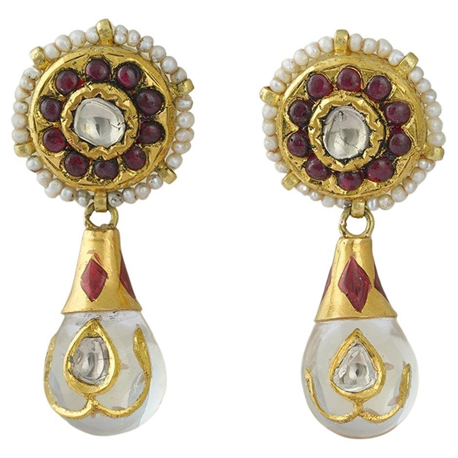 Moi Sara Gold Uncut-Diamond and Ruby Earrings For Sale