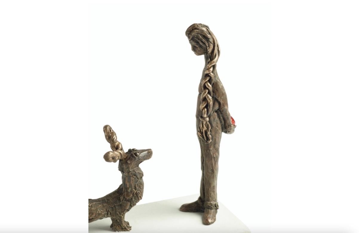 Come Play With Me - dog, sculpture, ball, animal, figurine, women, sculpture  - Contemporary Sculpture by Sara Ingleby-Mackenzie