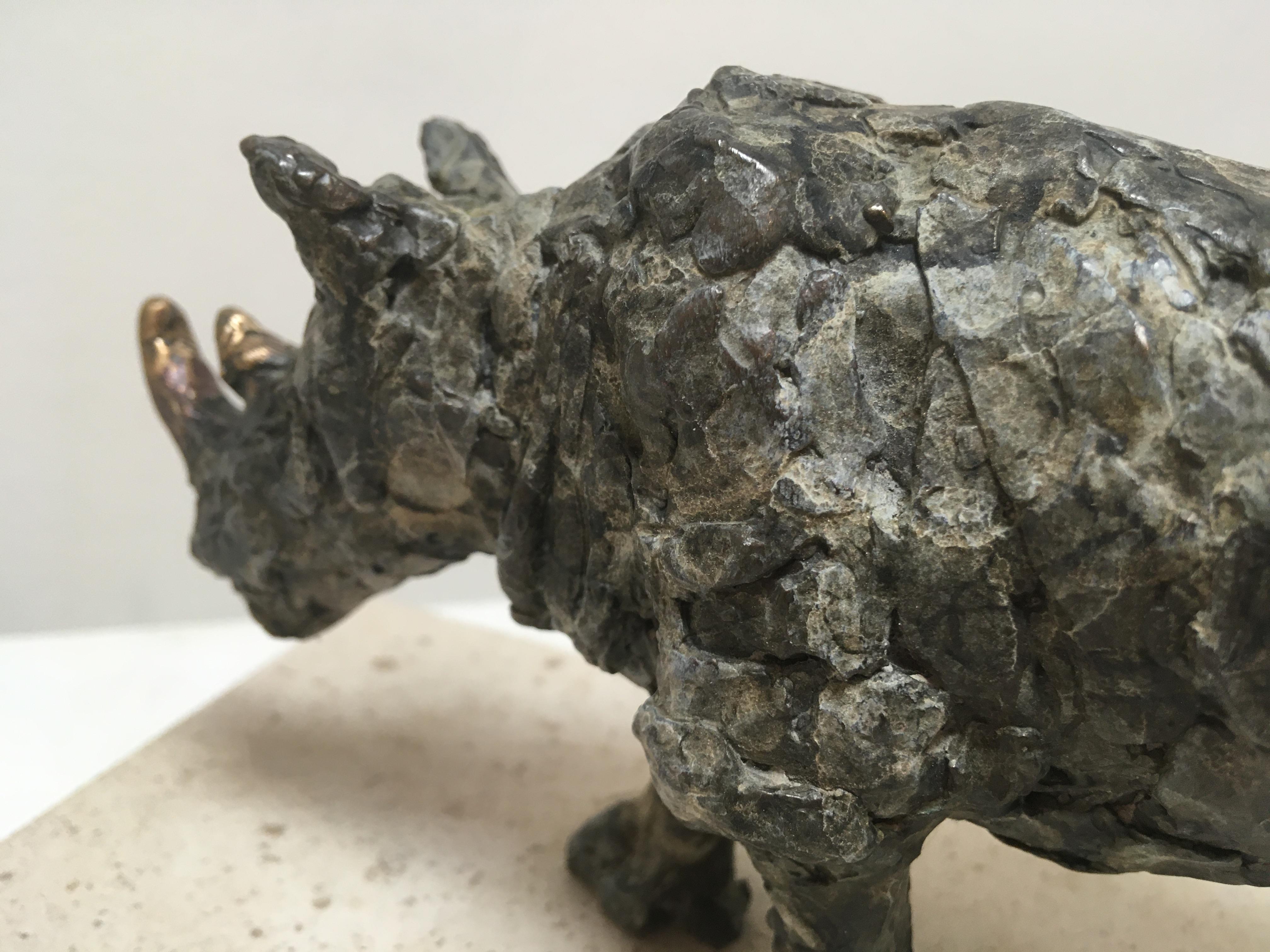 Ironclad - contemporary rhinoceros animal bronze sculpture on pedestal - Contemporary Sculpture by Sara Ingleby-Mackenzie