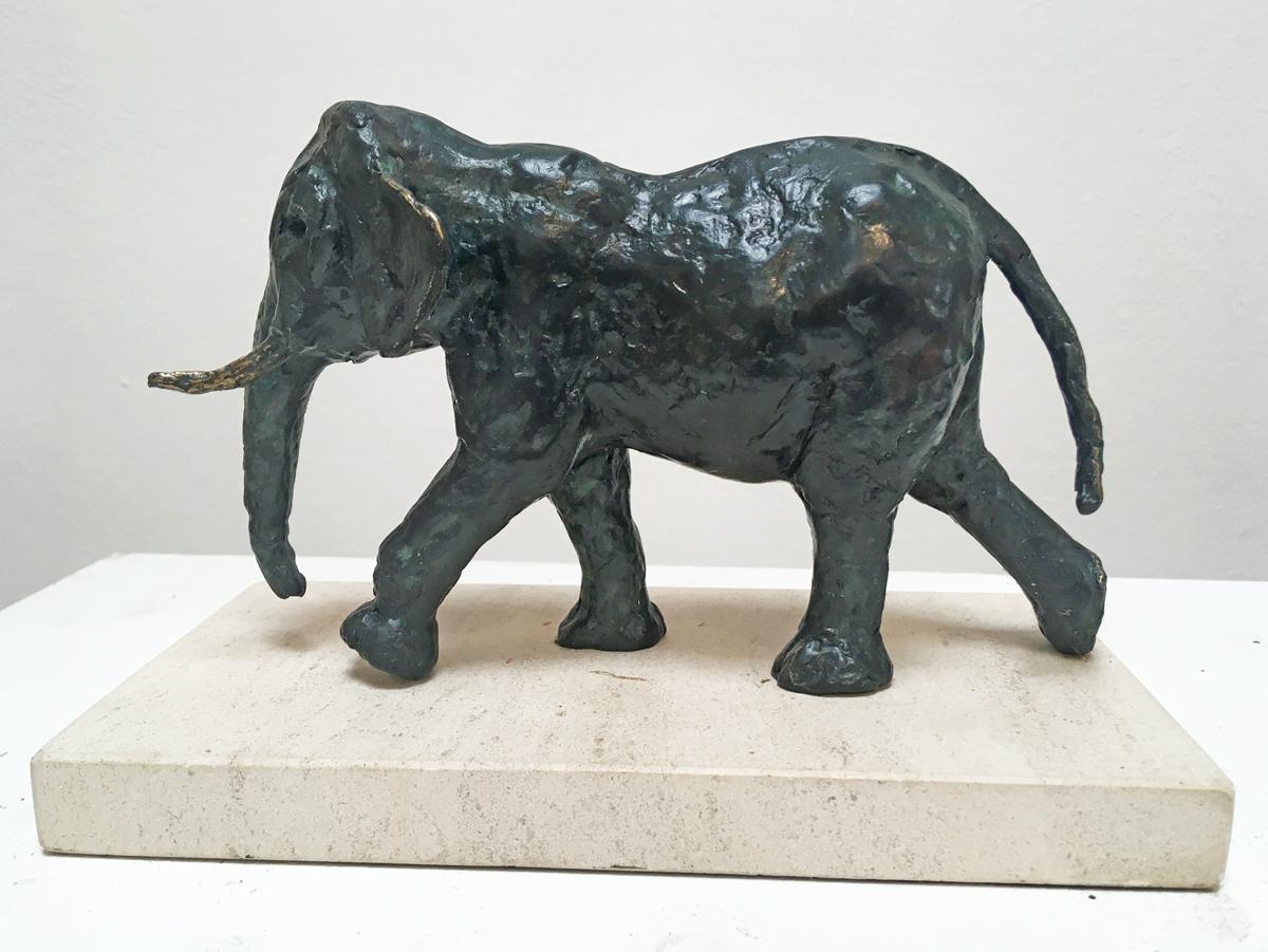 Sara Ingleby-Mackenzie Figurative Sculpture - Long March - contemporary animal elephant bronze sculpture Portland stone base