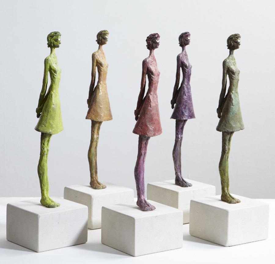 Puddings - colourful slim fashion female figure bronze statue stone pedestal - Sculpture by Sara Ingleby-Mackenzie