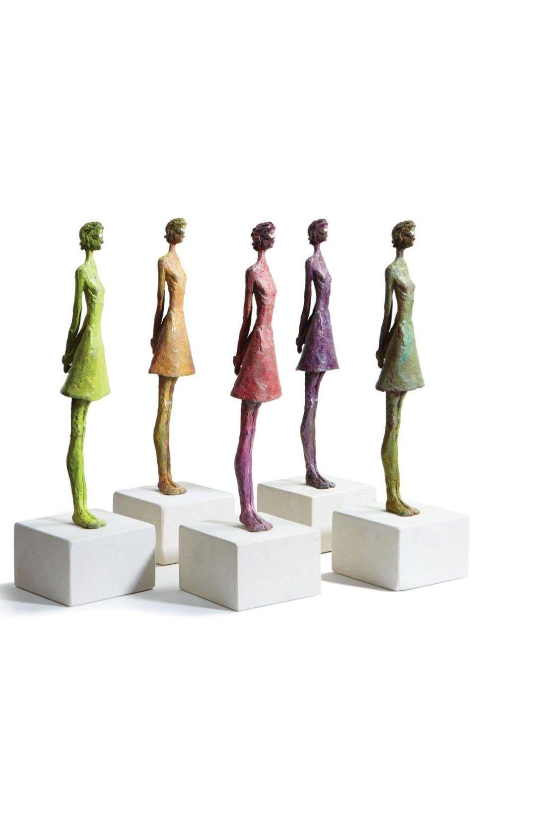 Sara Ingleby-Mackenzie Figurative Sculpture - Puddings - colourful slim fashion female figure bronze statue stone pedestal