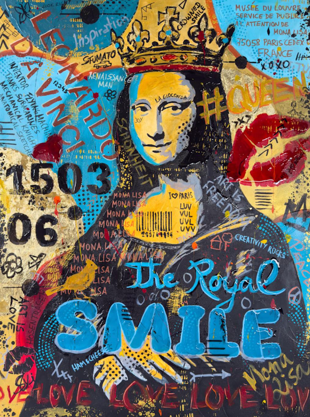 Sara s'embrasse, "Le sourire royal", 40x30 Mona Lisa Pop Art Graffiti Mixed Media
