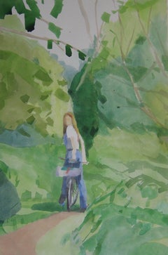 Girl on Bike, landscape acrylic painting on canvas