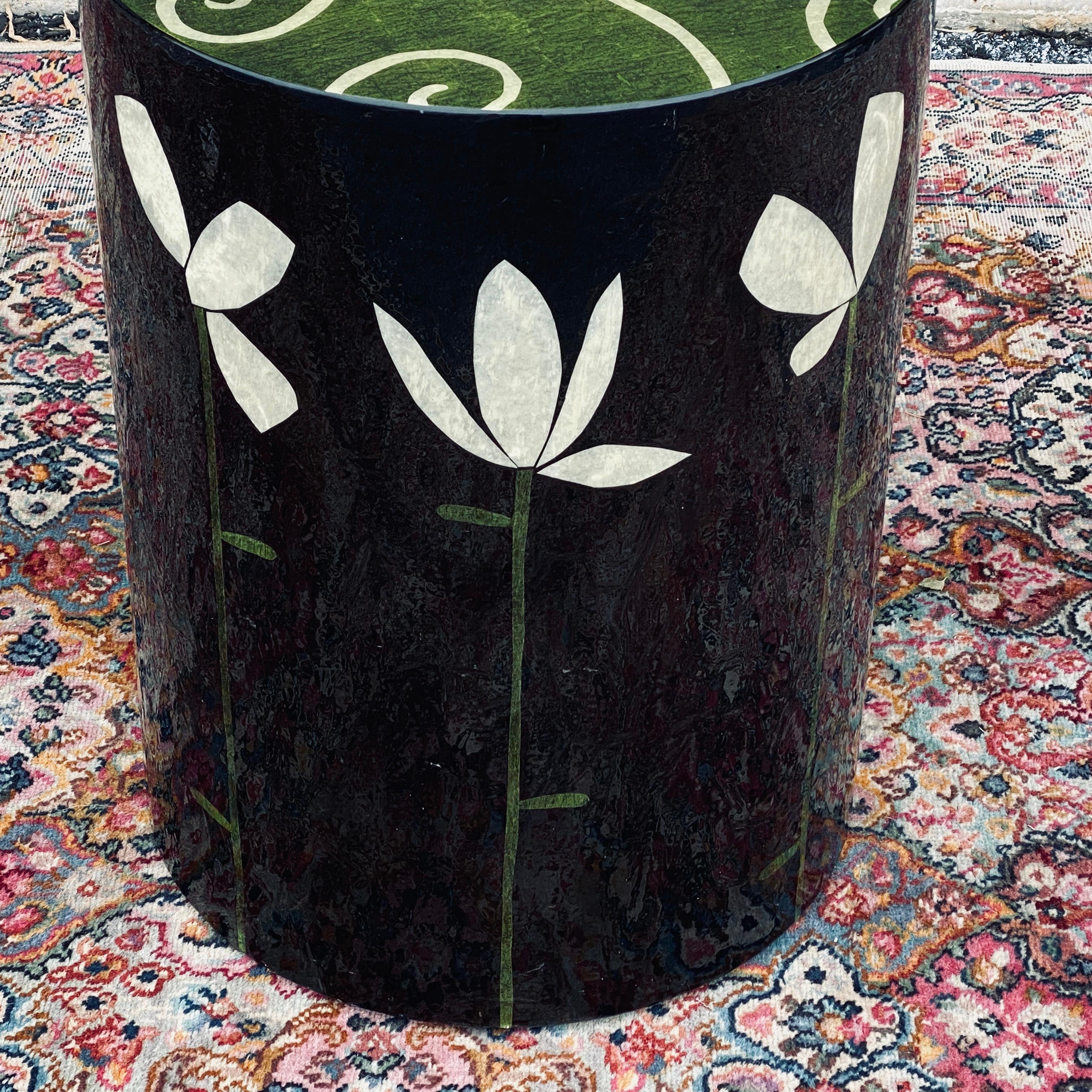 Hand-Painted Sara Moore Whimsical Floral Folk Art Lacquered Cylindrical Drum Table For Sale