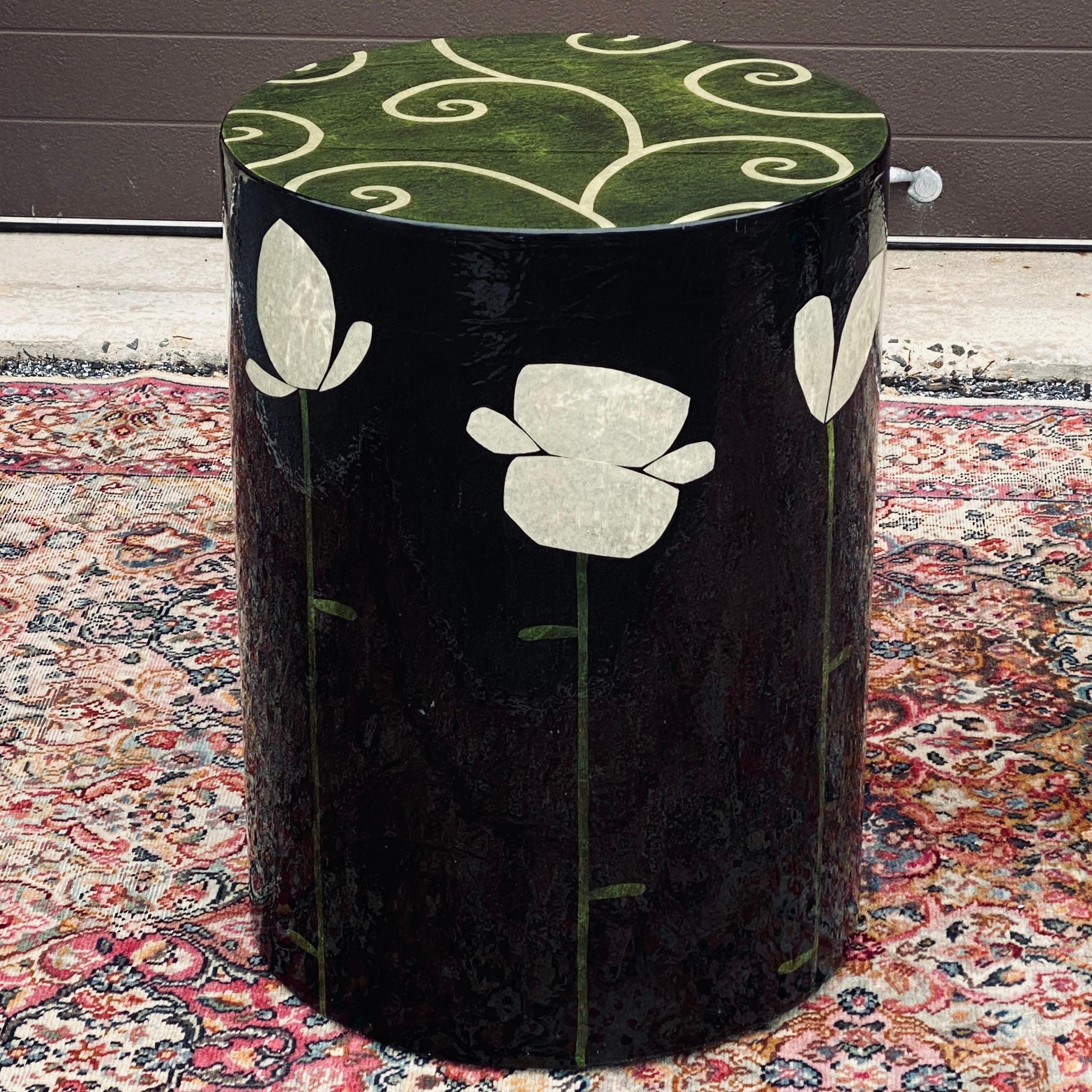 20th Century Sara Moore Whimsical Floral Folk Art Lacquered Cylindrical Drum Table For Sale