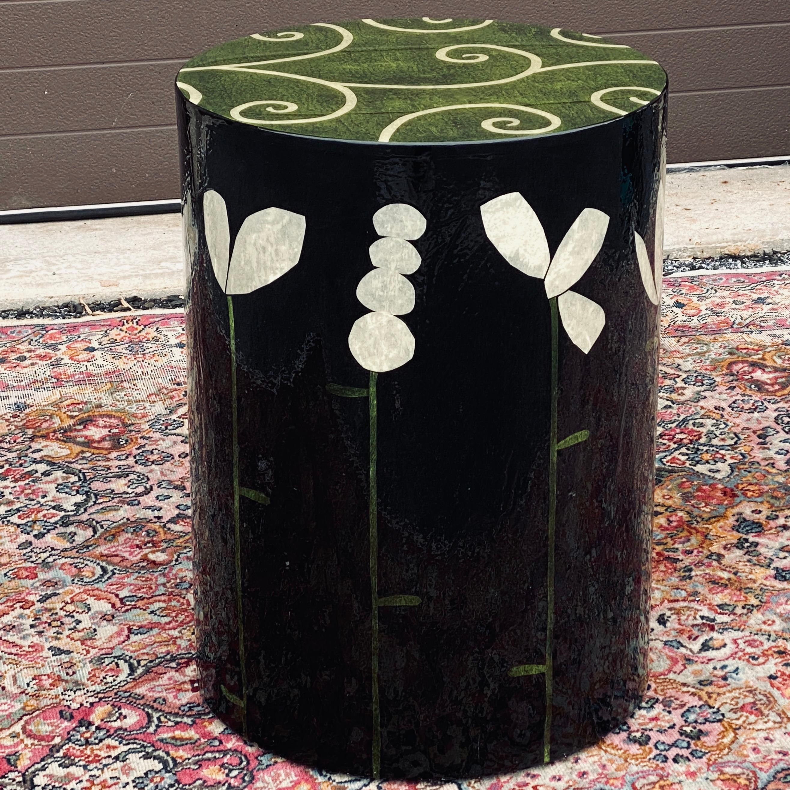 Wood Sara Moore Whimsical Floral Folk Art Lacquered Cylindrical Drum Table For Sale