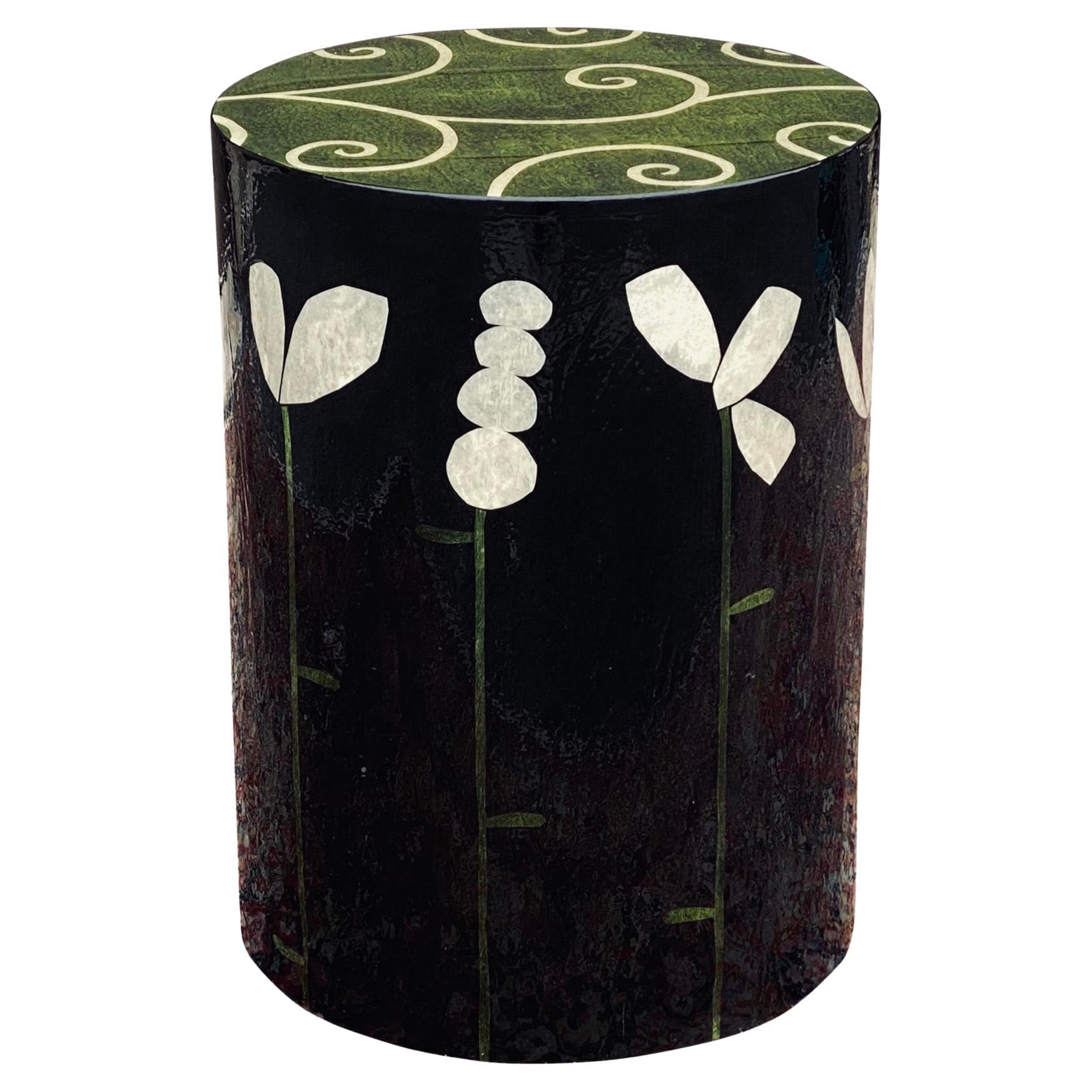 Sara Moore Whimsical Floral Folk Art Lacquered Cylindrical Drum Table