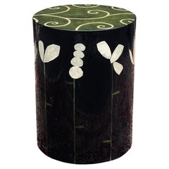 Table tambour cylindrique laquée Sara Moore Whimsical Floral Folk Art