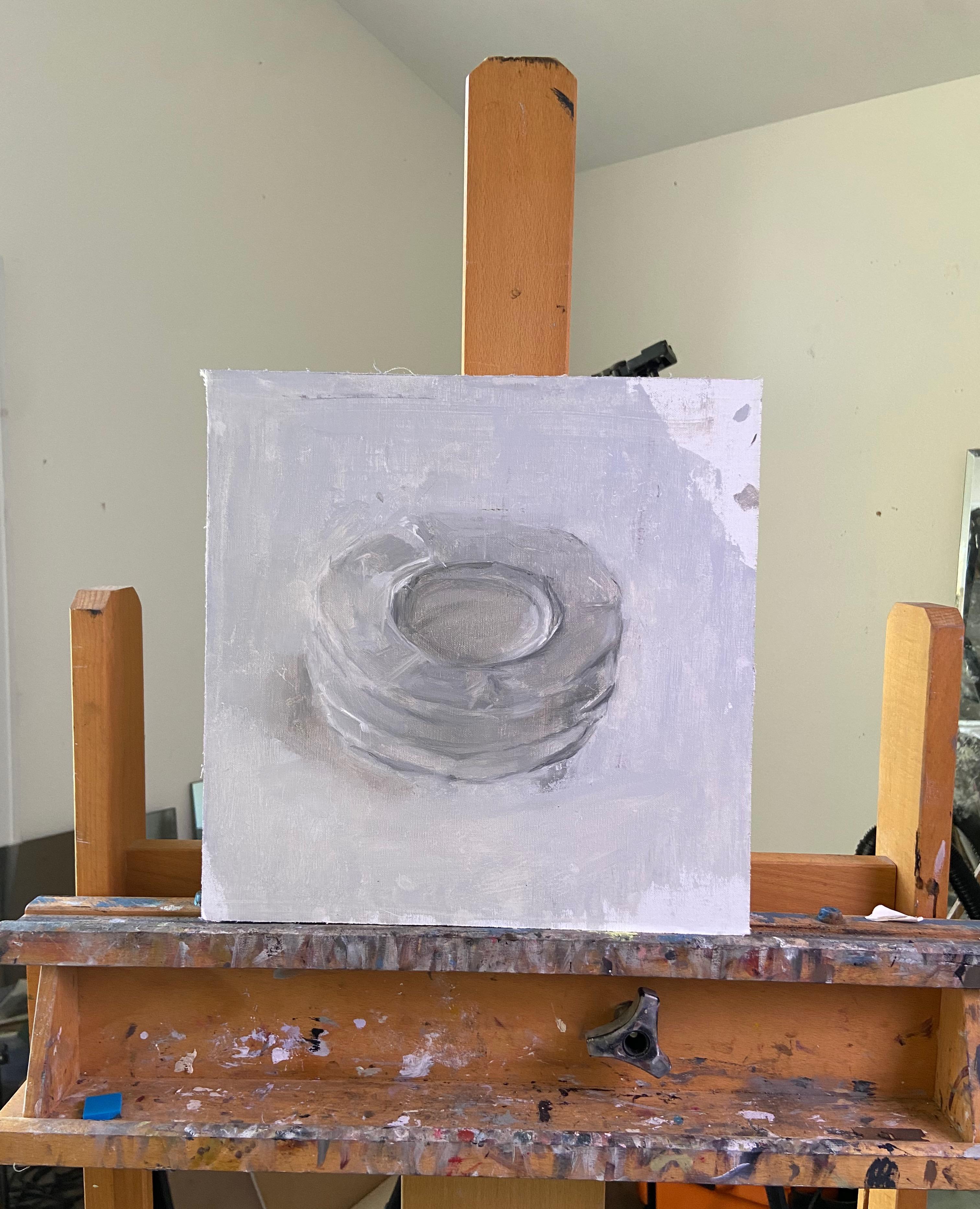 <p>Artist Comments<br>A stack of glass plates rests on a white tablecloth. Soft shifts in light reveal the delicate details of the dishes, adding depth to the nearly monochromatic composition. Artist Sara Sisun painted the piece from observation in