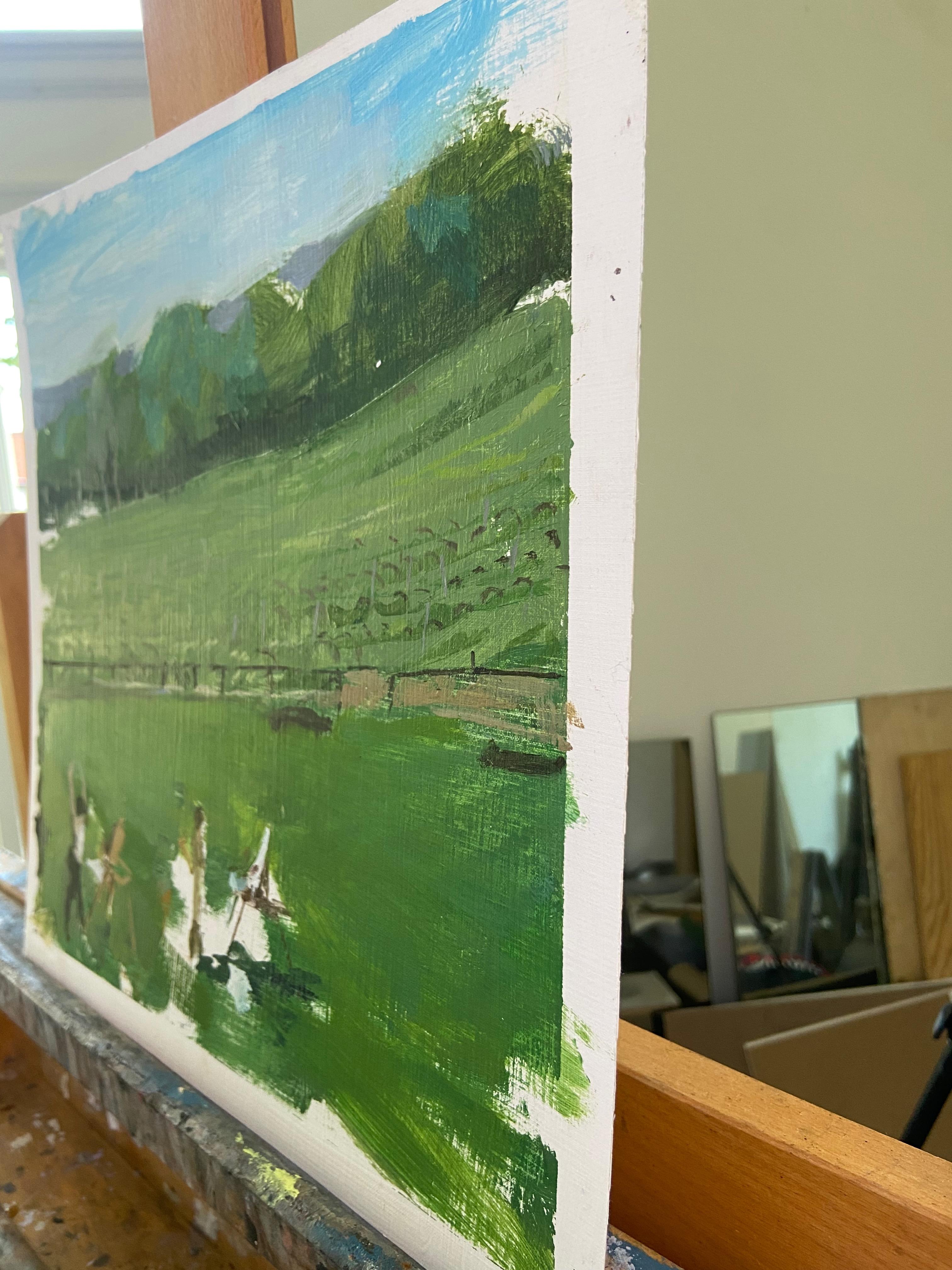 Pittore in un campo, pittura ad olio astratta - Painting di Sara Sisun