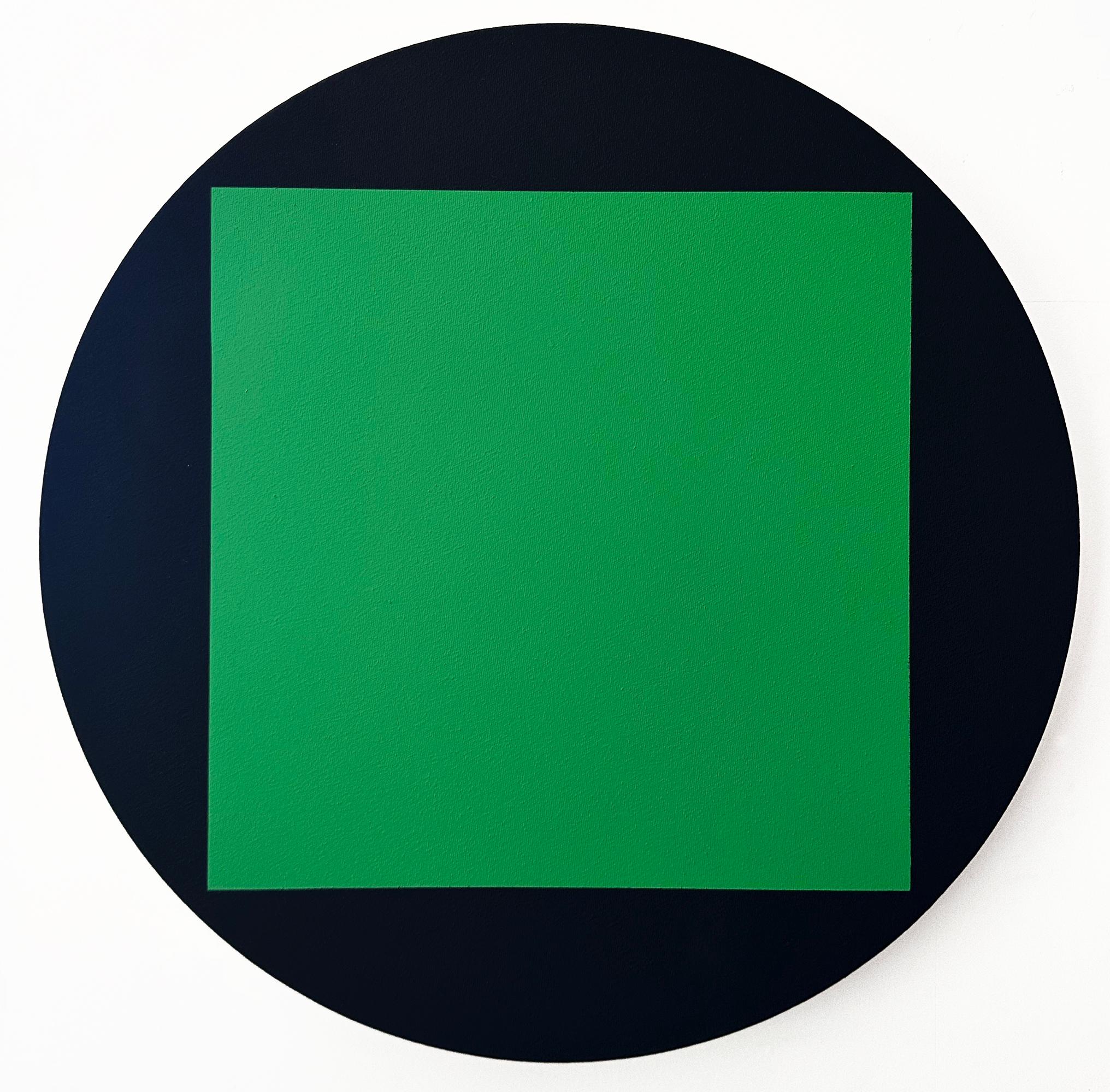 "Green Compression"
Acrylic on canvas over shaped panel. 
20"diameter.
2020

Sara Walton orchestrates a symphony of color that transcends mere visual aesthetics, delving deep into the realm of emotion and perception. Her canvases, often comprised of
