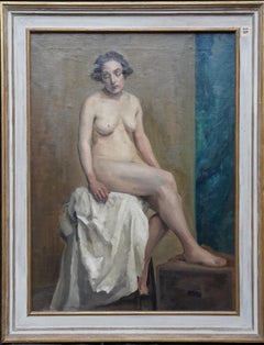 Seated Female Nude in Art Class - British Victorian art portrait oil painting