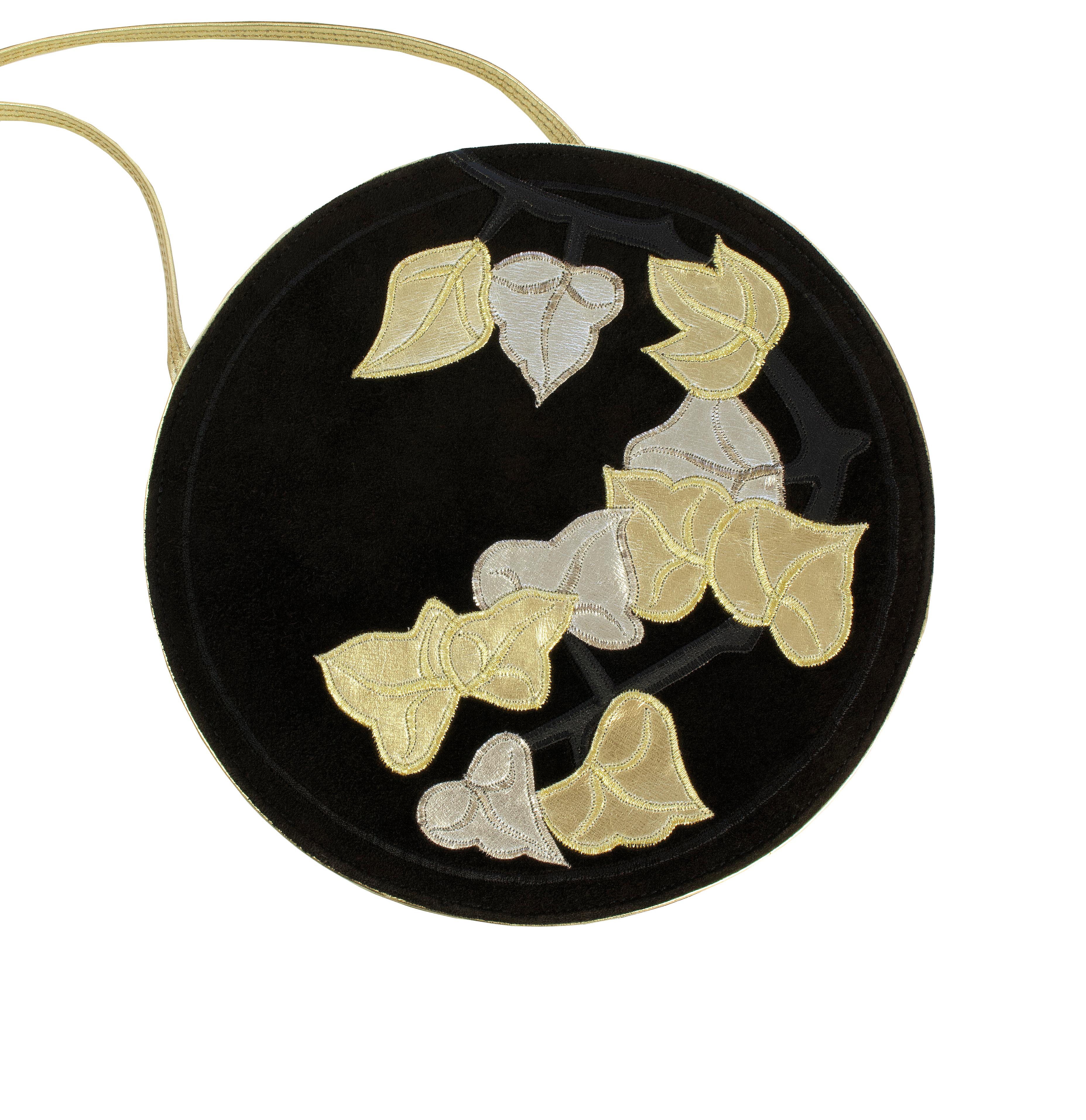 Women's Sara Whyte Bag - 1980s Vintage - Suede + Gold & Silver Leather Leaf Detail For Sale