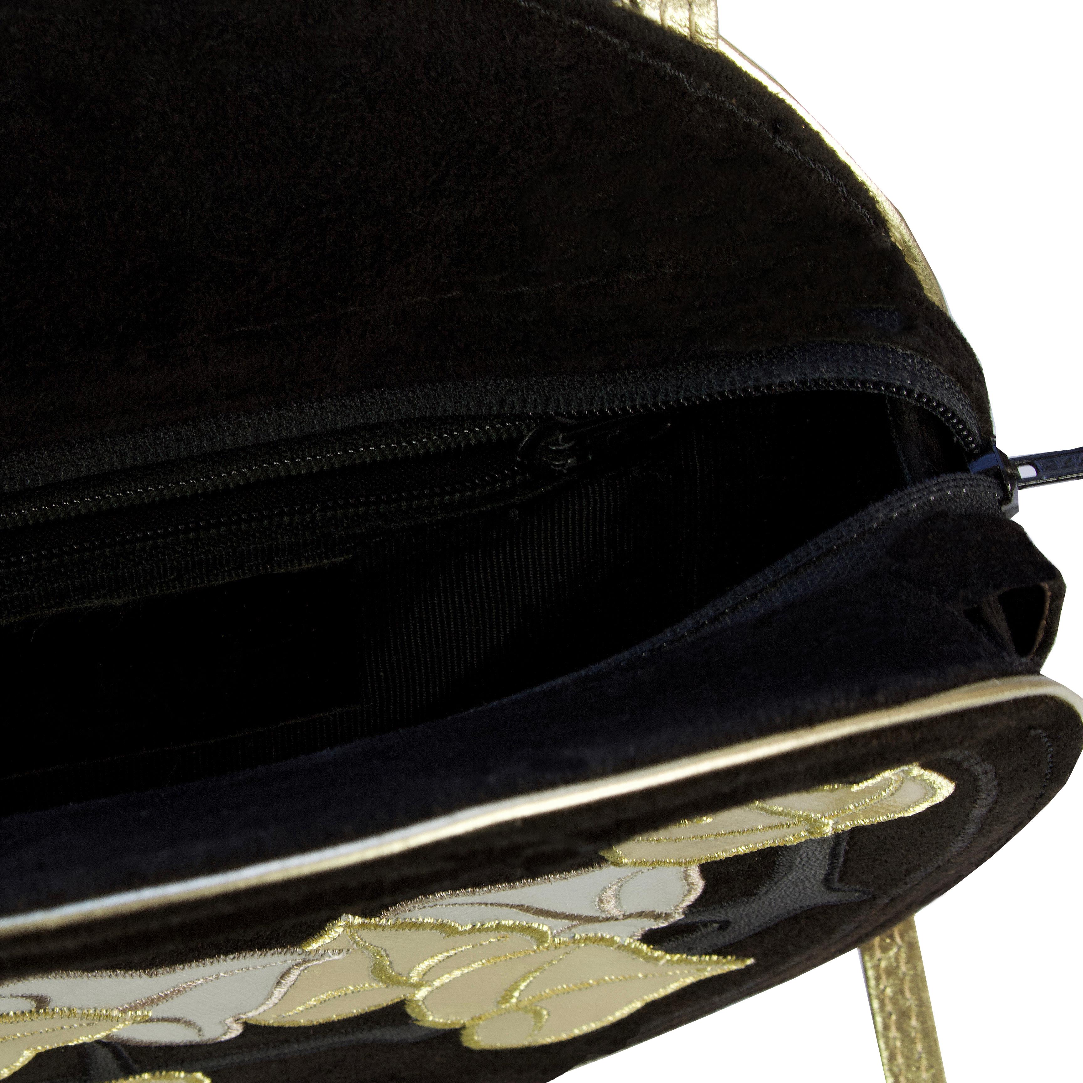 Black Sara Whyte Bag - 1980s Vintage - Suede + Gold & Silver Leather Leaf Detail For Sale
