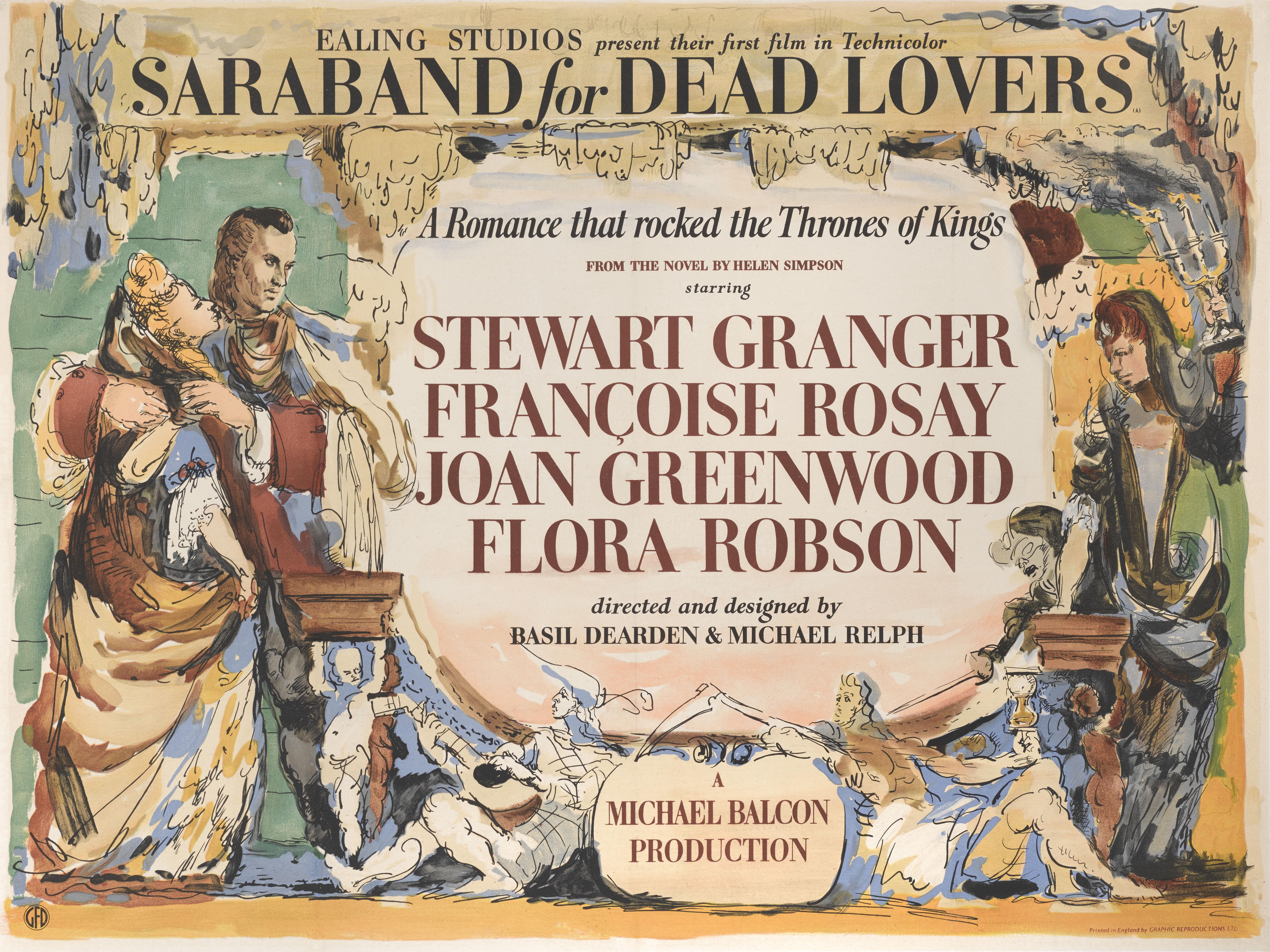 Se trata de un raro cartel original británico para la película dramática de los Estudios Ealing de 1948 Saraband for Dead Lovers.
Esta película estaba protagonizada por  dirigida por Basil Dearden y protagonizada por Stewart Granger, Joan Greenwood