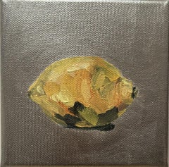 Dinky Lemon on metallic, original painting, still life, contemporary