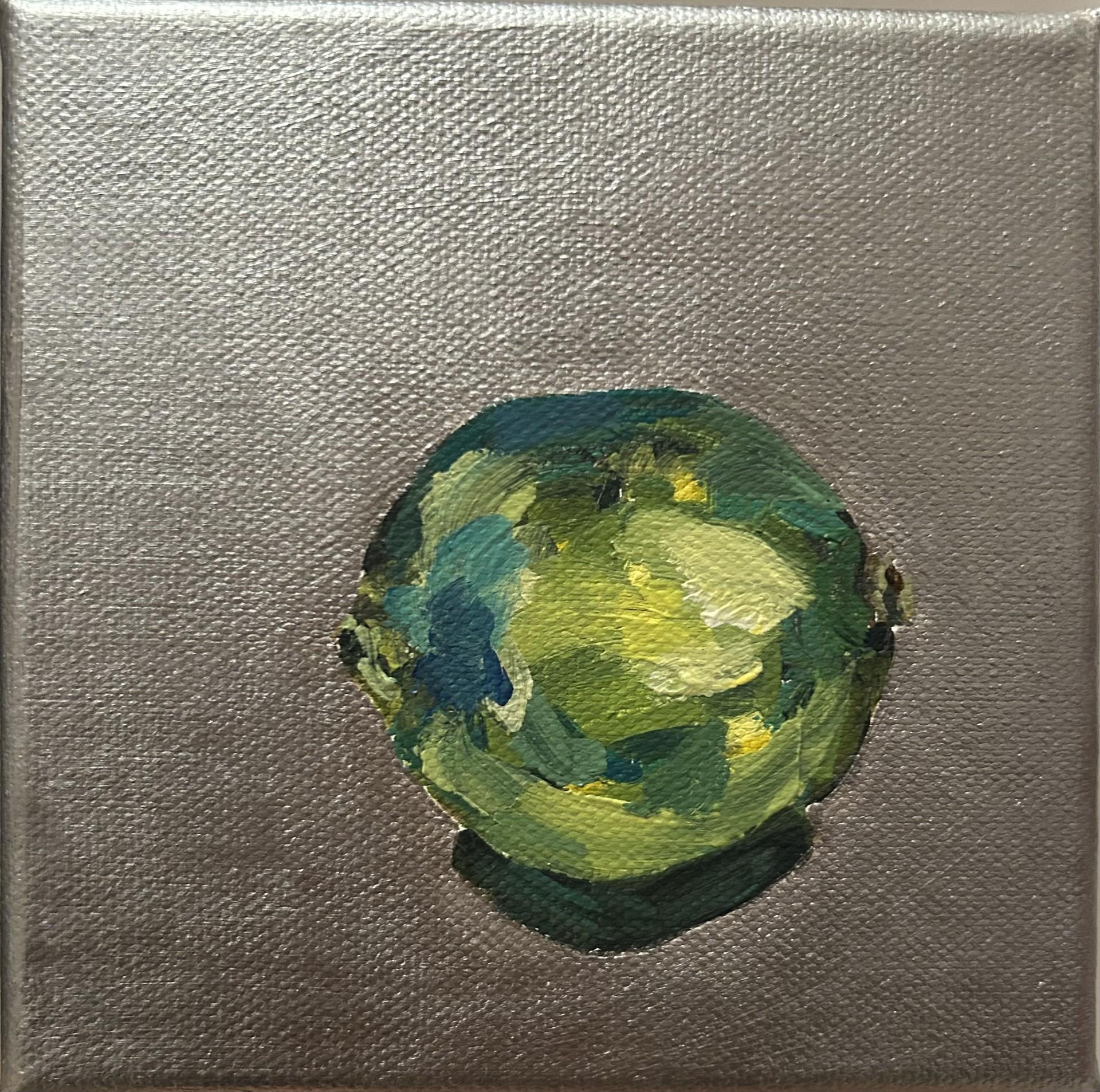 Dinky Lime on metallic square, original painting, still life, contemporary