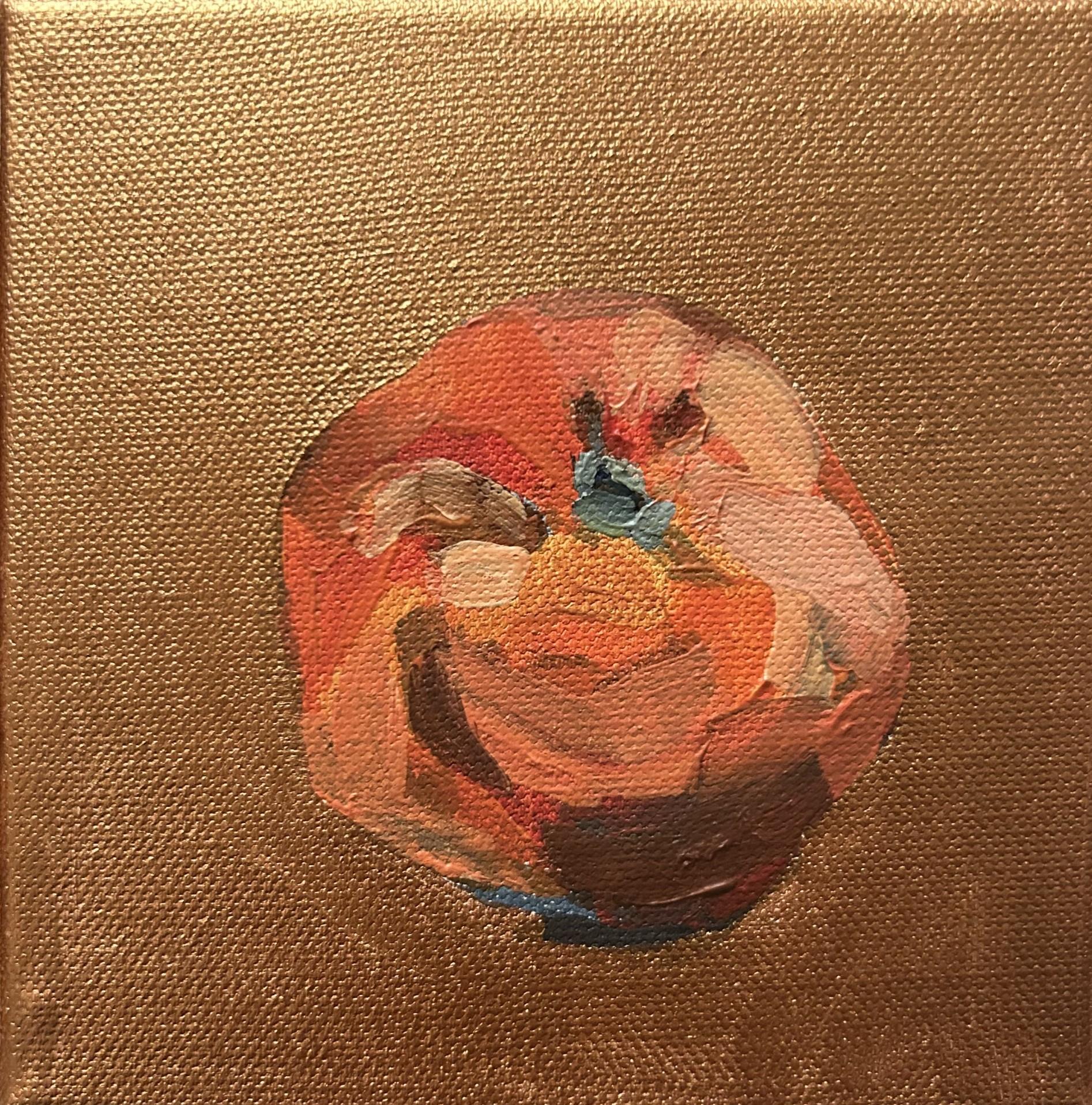 Dinky orange on metallic, original painting, still life, contemporary