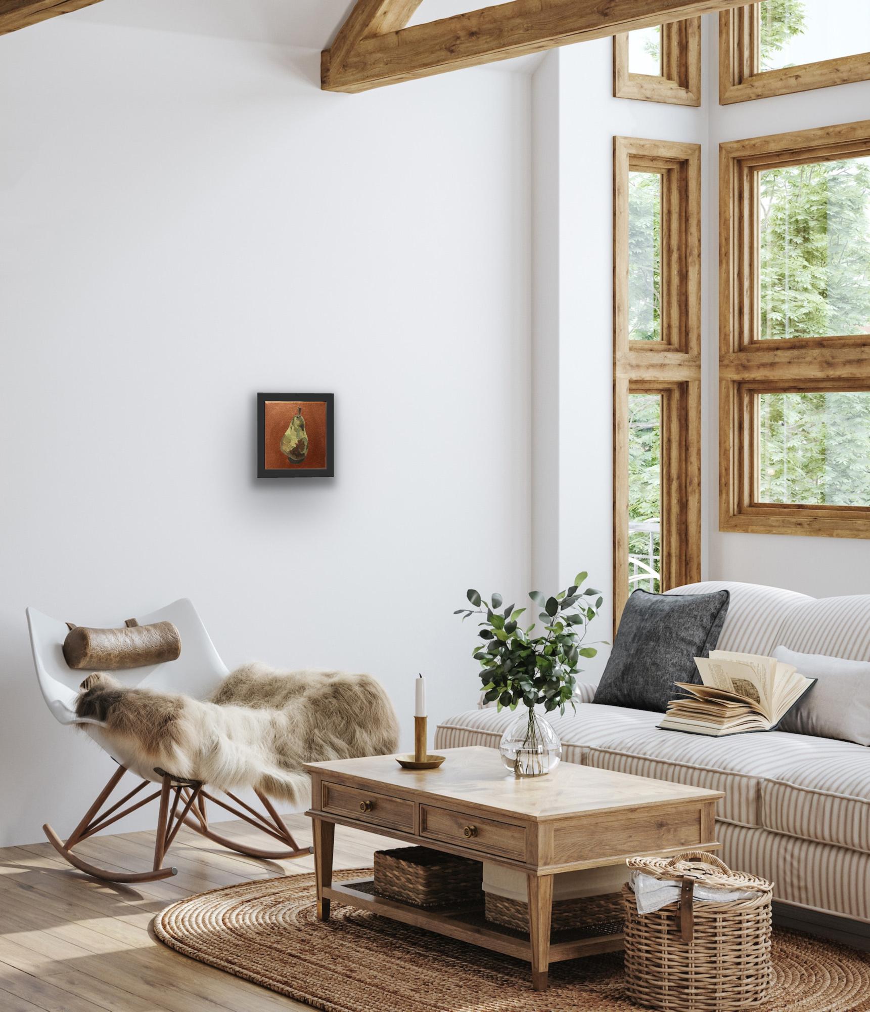 Dinky Pear on metallic square, original painting, still life, contemporary For Sale 1