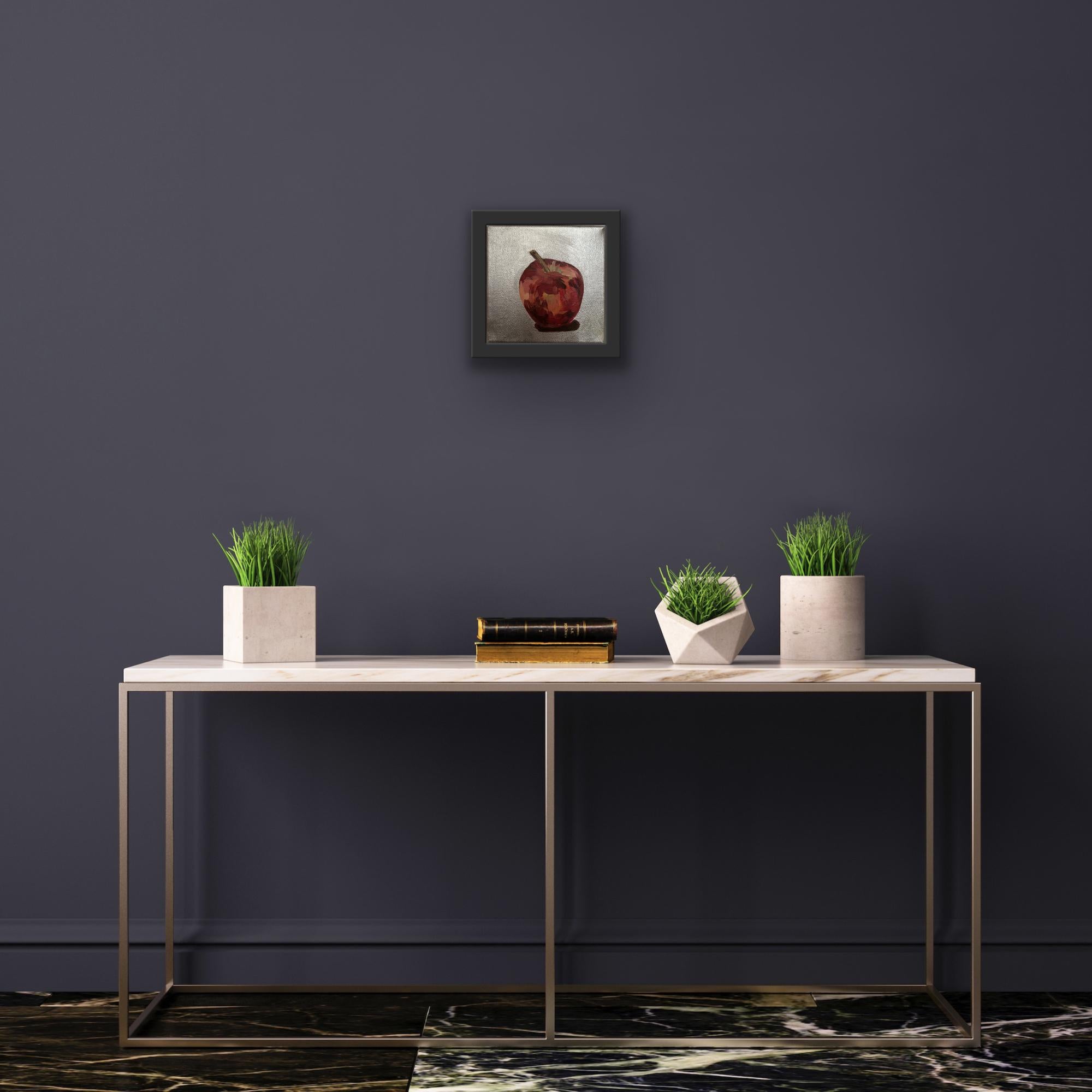 Dinky red apple on metallic square, original painting, still life, contemporary For Sale 1