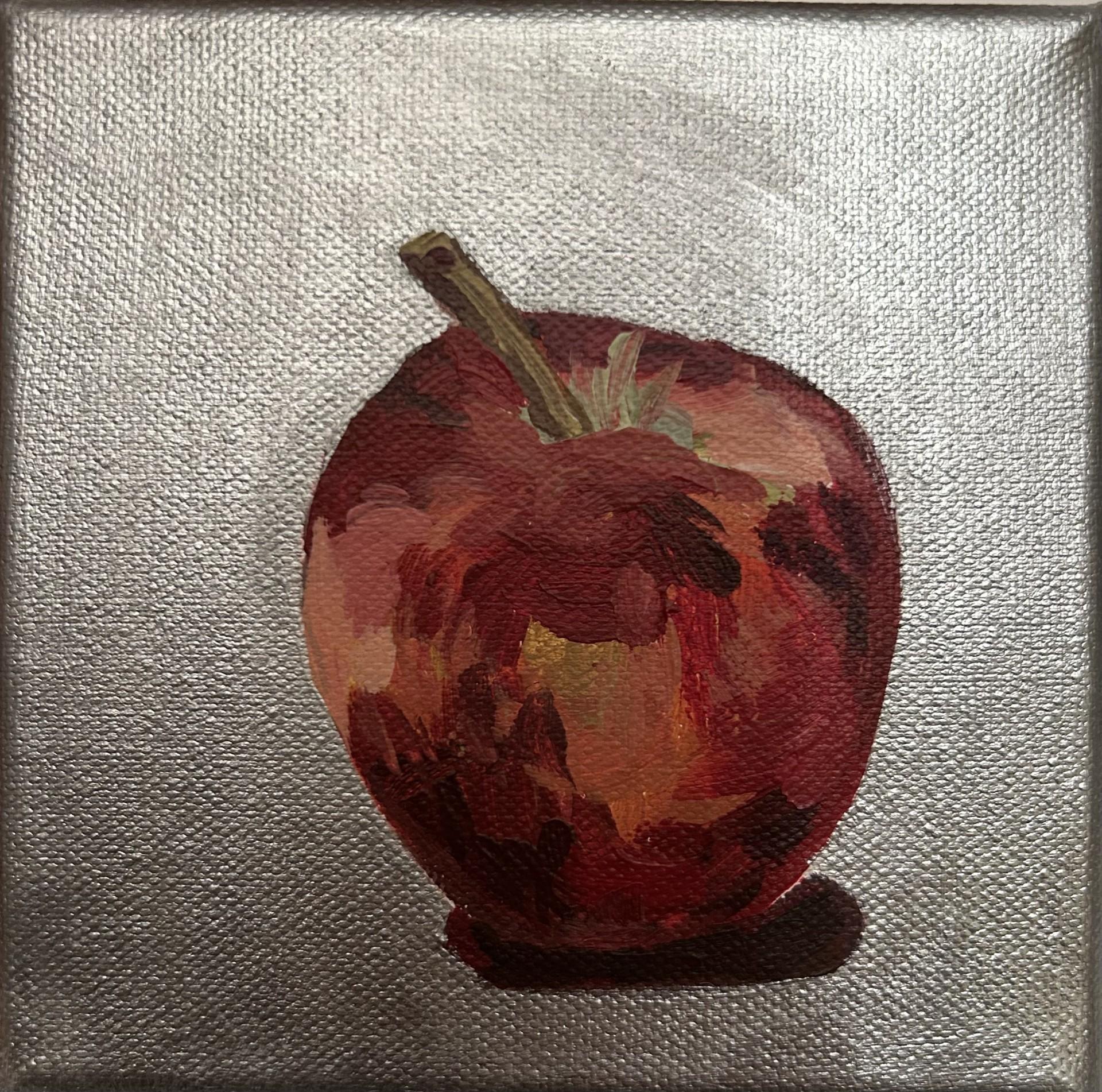 Dinky red apple on metallic square, original painting, still life, contemporary