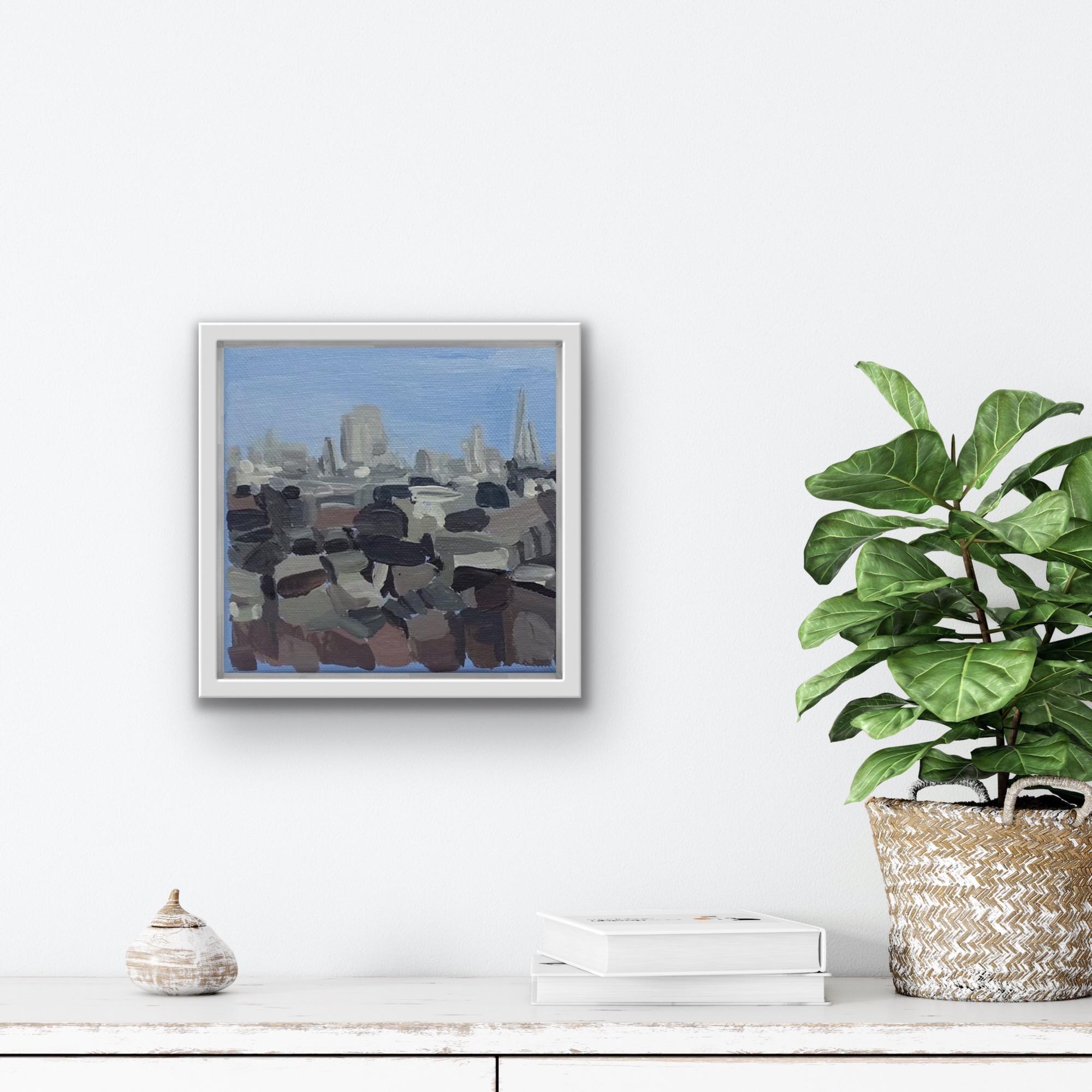 Dinky view of London from Alexandra Palace, Original painting, London, Cityscape - Gray Landscape Painting by Sarah Adams