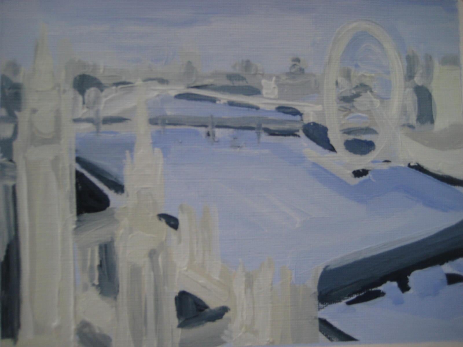 Houses of Parliament and London Eye to Southwark Bridge diptych - Gray Landscape Painting by Sarah Adams