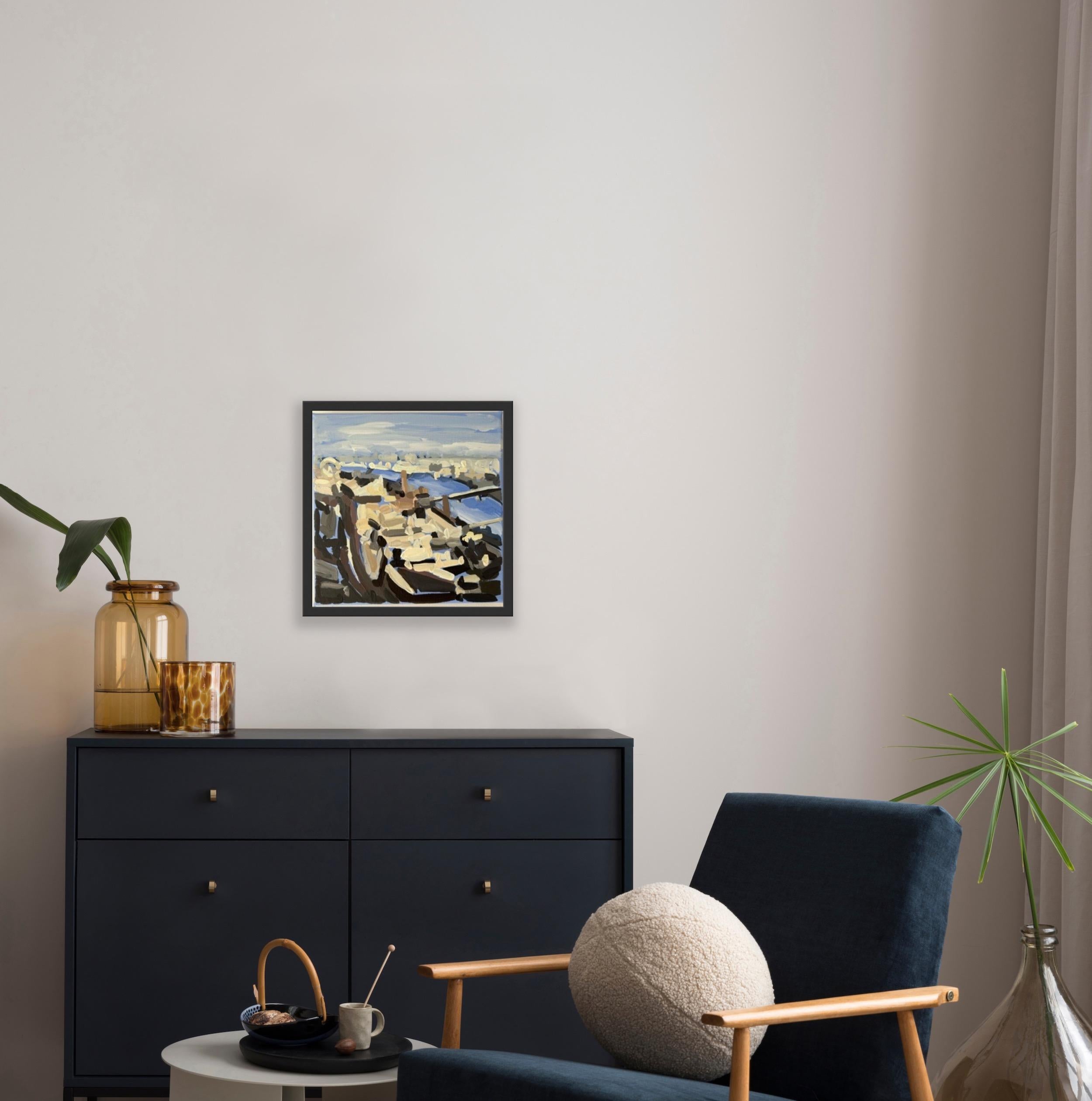 The London Eye II, peinture originale, Londres, paysage urbain, Contemporary - Gris Still-Life Painting par Sarah Adams
