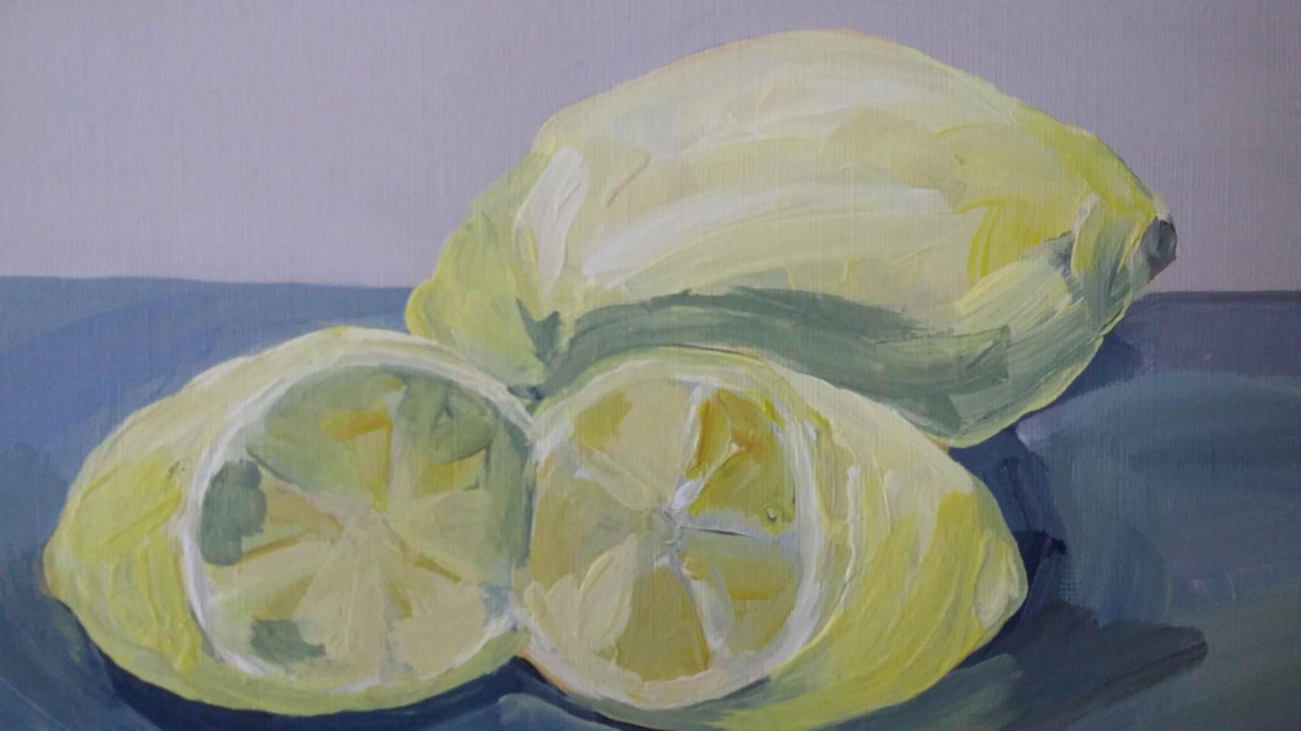 Two Lemons and a Clementine and One Lemon and a Cut Lemon Diptych - Painting by Sarah Adams