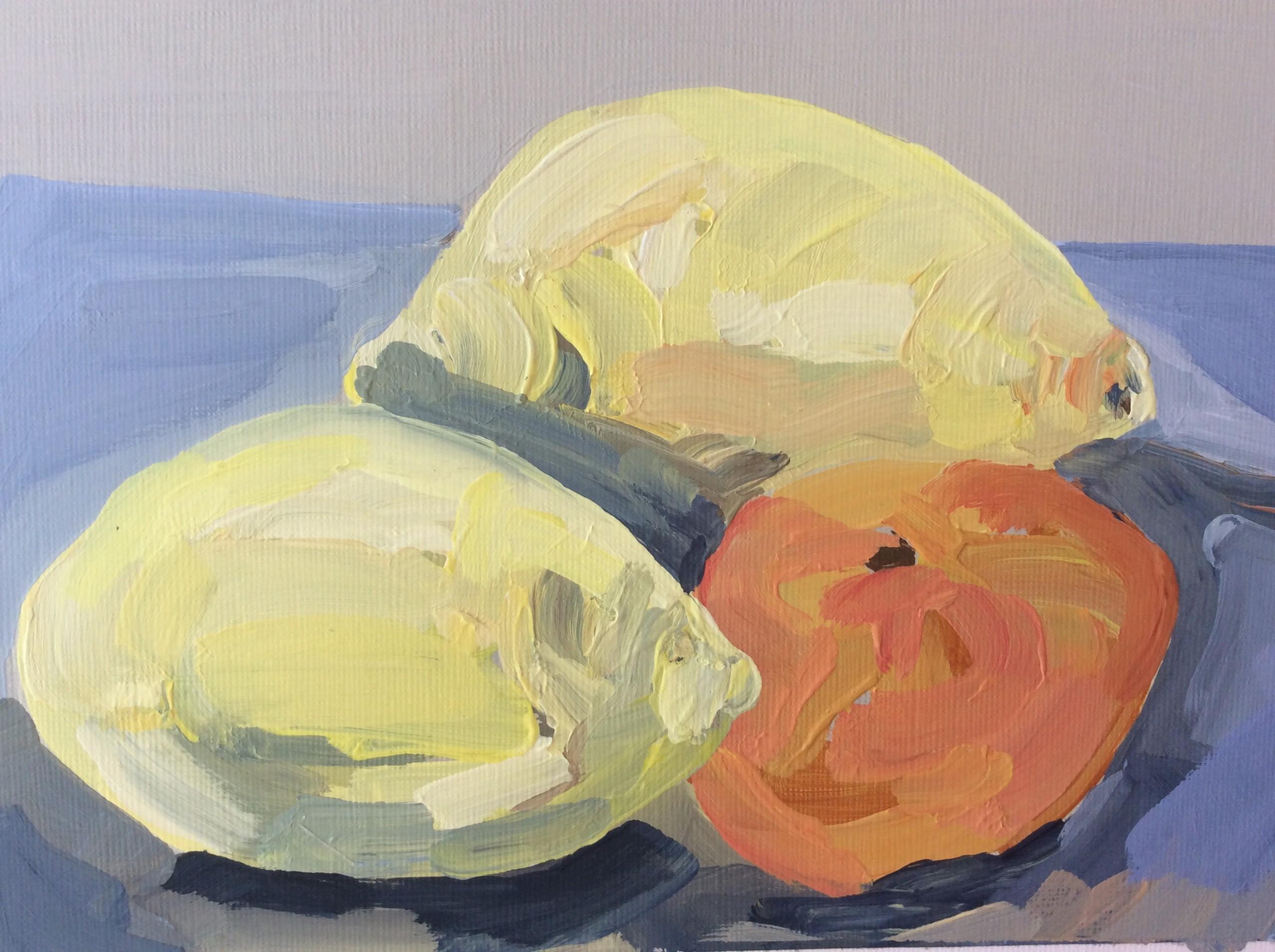 Two Lemons and a Clementine and One Lemon and a Cut Lemon Diptyque - Impressionnisme Painting par Sarah Adams