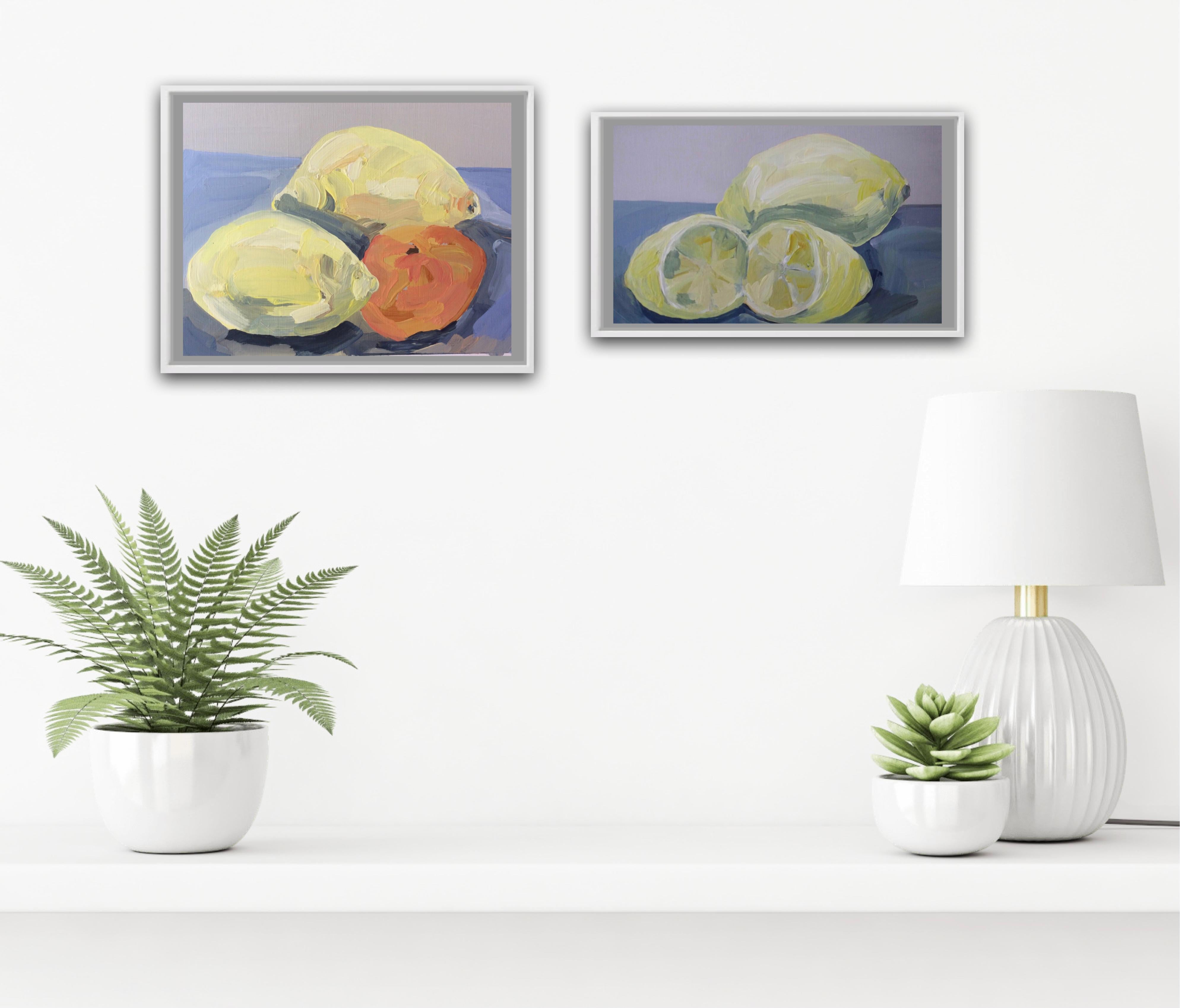 Two Lemons and a Clementine and One Lemon and a Cut Lemon Diptyque - Gris Abstract Painting par Sarah Adams