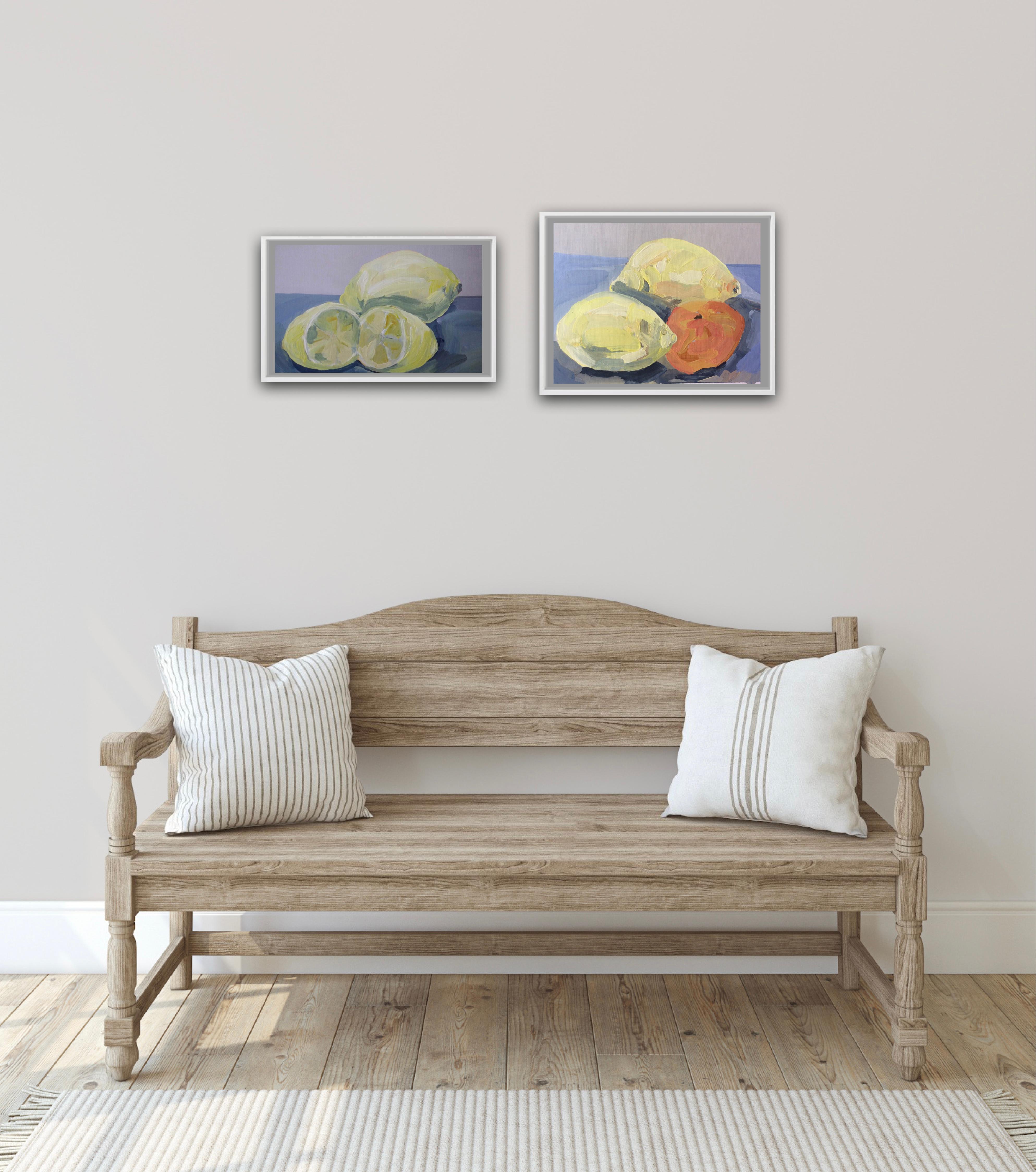 Two Lemons and a Clementine and One Lemon and a Cut Lemon Diptych - Impressionist Painting by Sarah Adams