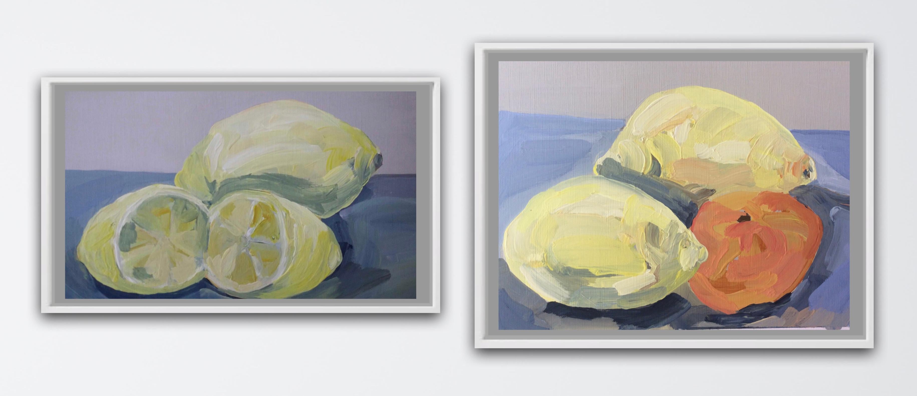 Sarah Adams Abstract Painting - Two Lemons and a Clementine and One Lemon and a Cut Lemon Diptych