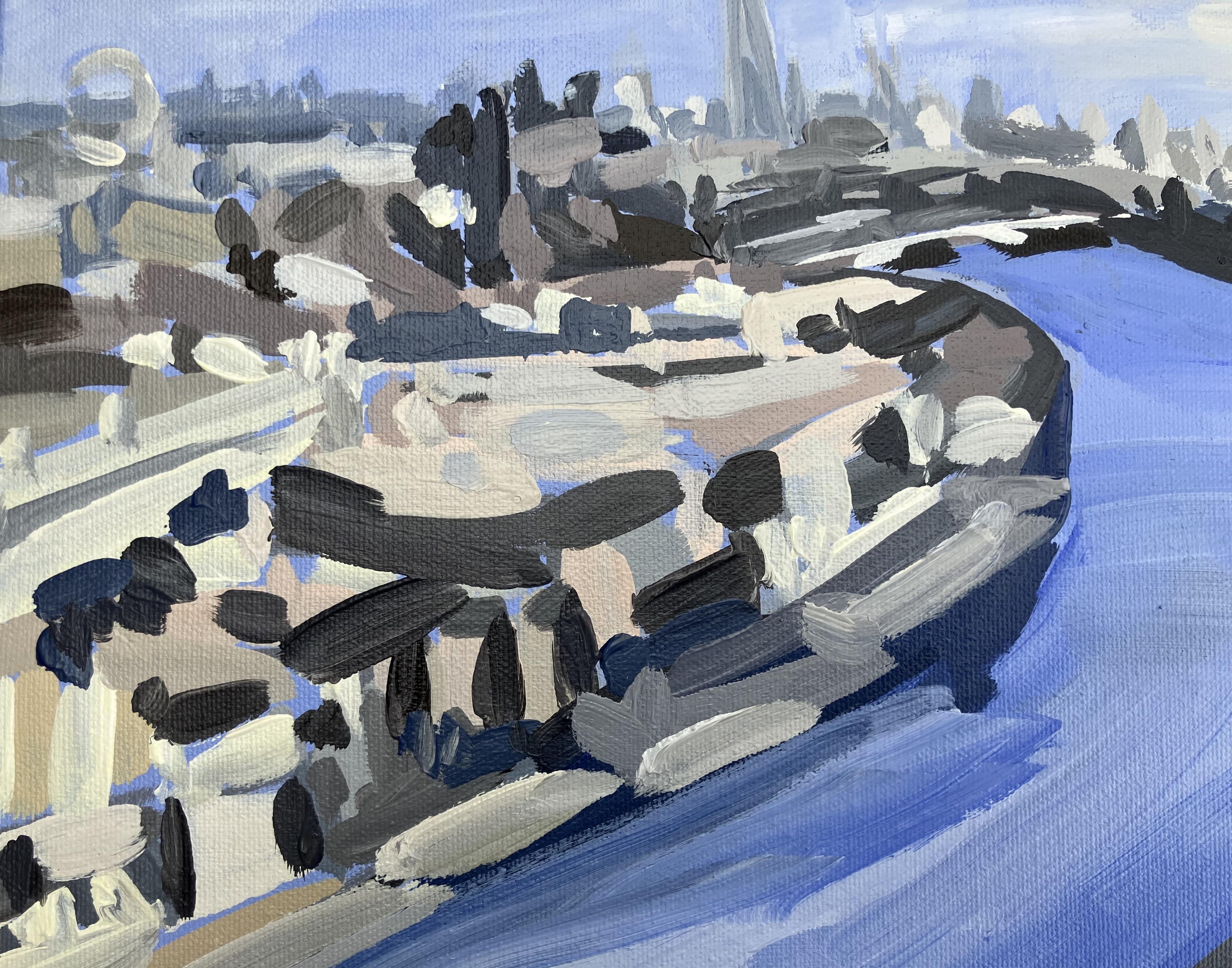 Vista dalla cima della Battersea Power Station. Impressionista. Londra - Landscape Painting Viola di Sarah Adams