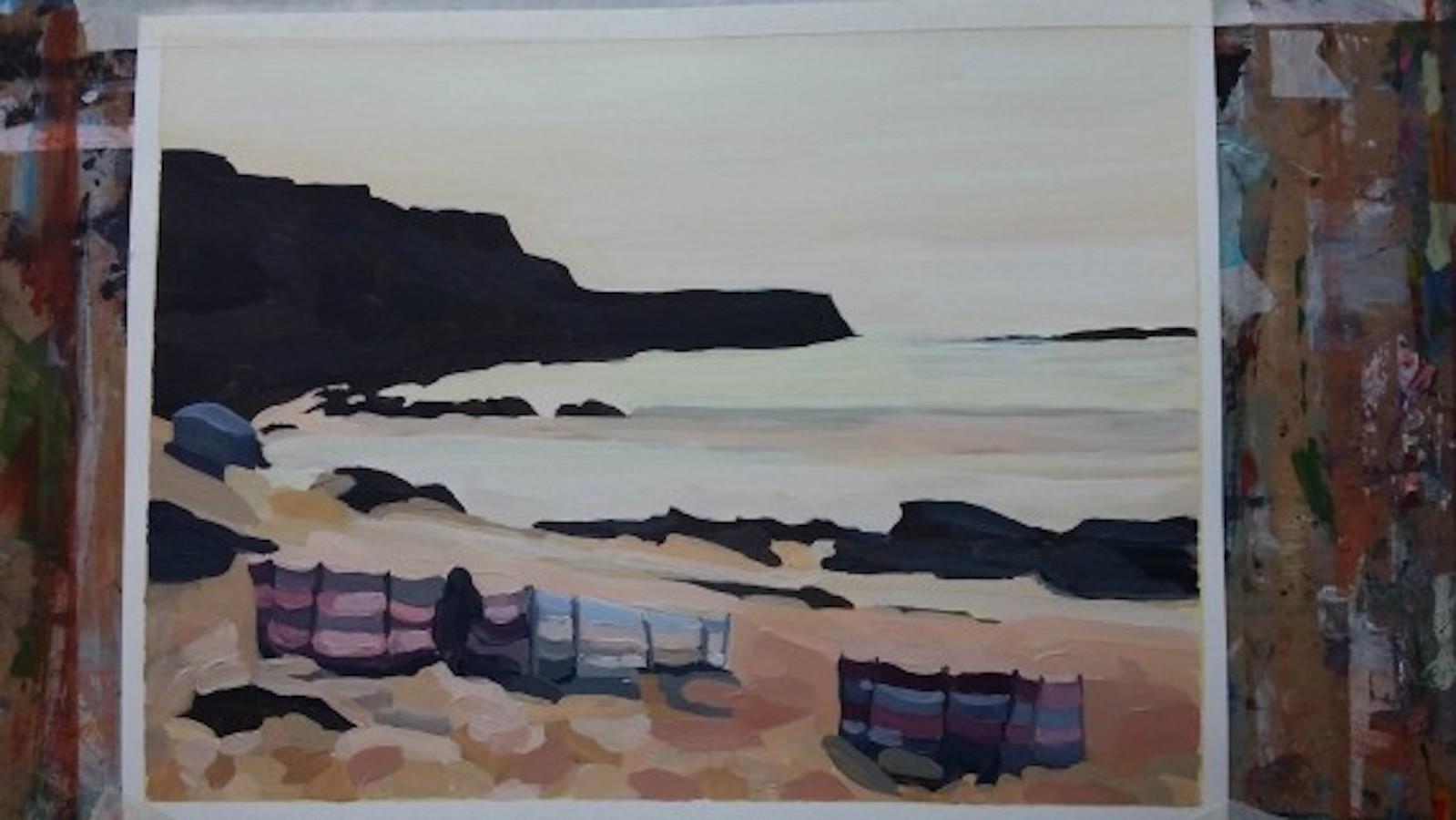 Windbreakers III, original painting, seascape, coastal art, landscape painting - Painting by Sarah Adams