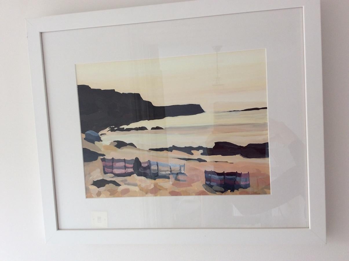 Windbreakers III, original painting, seascape, coastal art, landscape painting - Gray Landscape Painting by Sarah Adams
