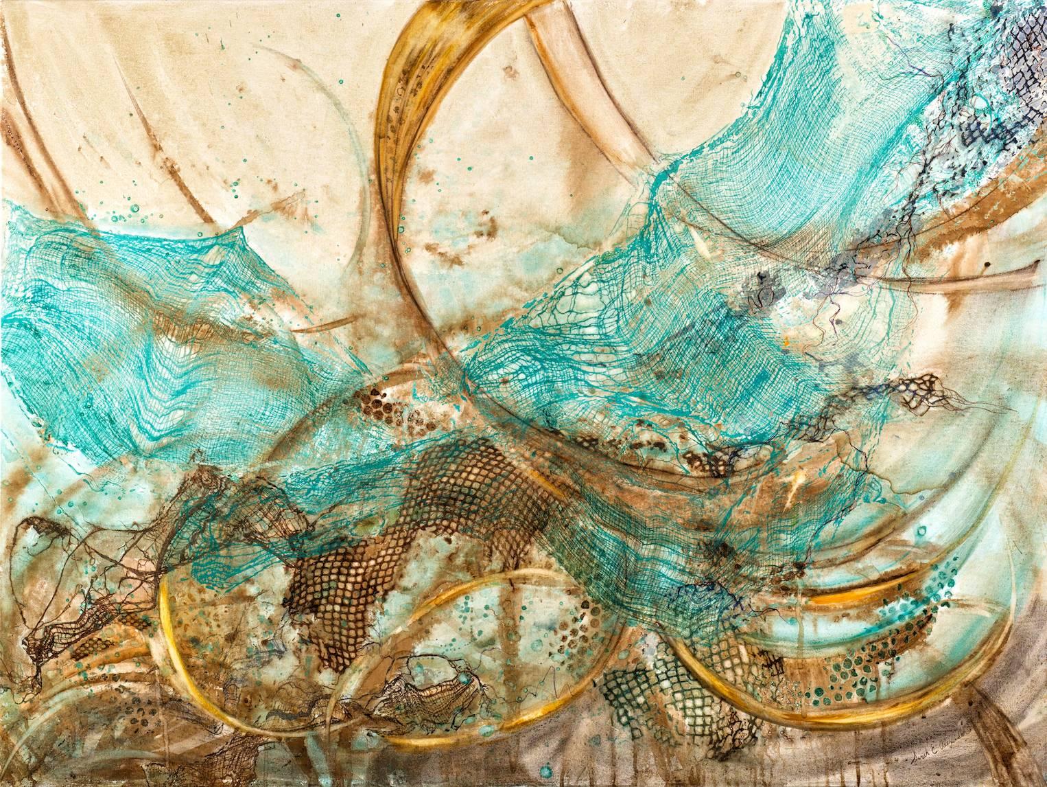 "Envelop", abstract, turquoise, browns, mixed media, watercolor, painting