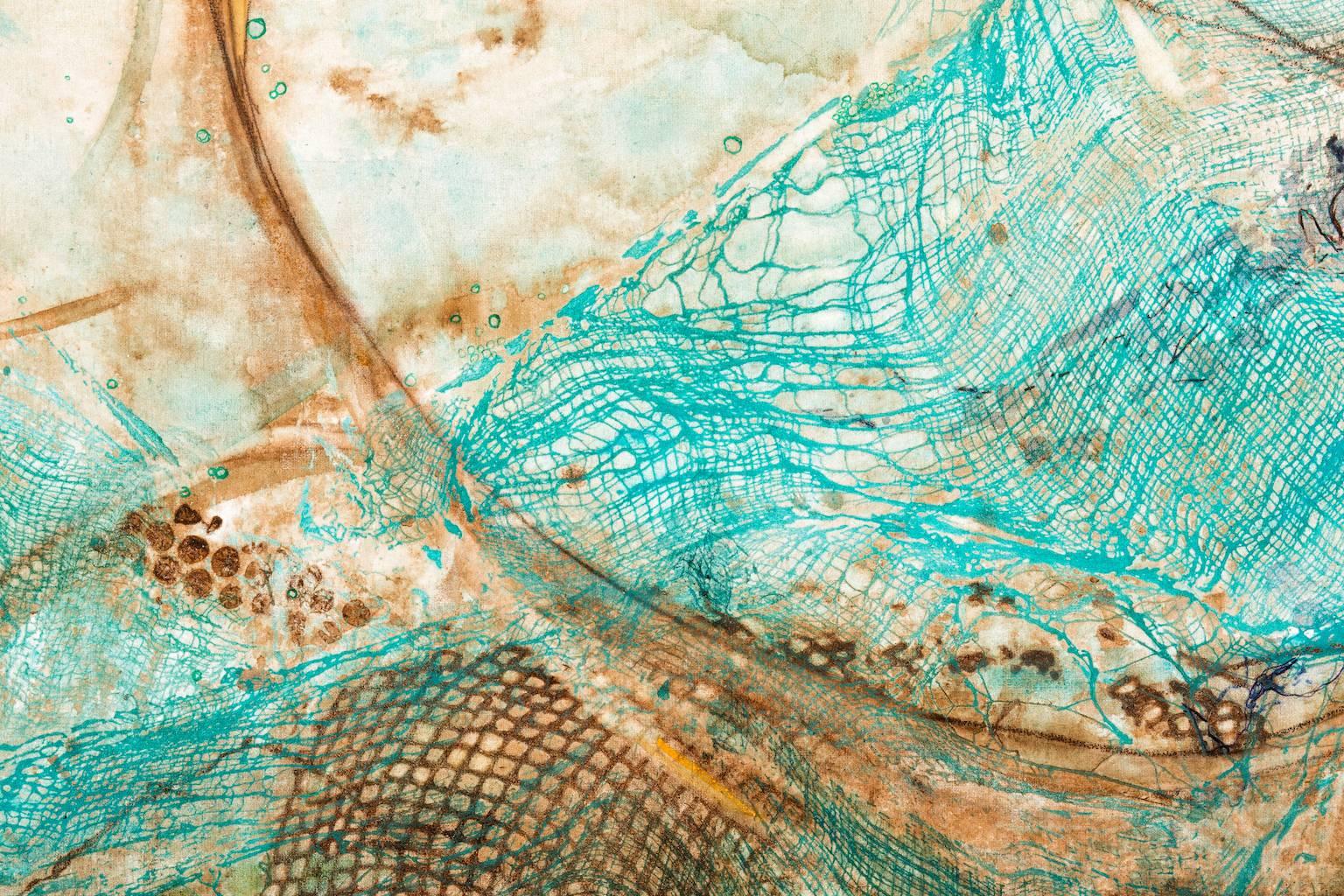 Sarah Alexander’s “In Flux” is a 54 x 44 x 1.5-inch painting created with watercolor, charcoal, and pen and ink drawn onto a specially treated watercolor canvas. Rich washes of bright turquoise, earthy browns, and gold accents drift, swirl and float