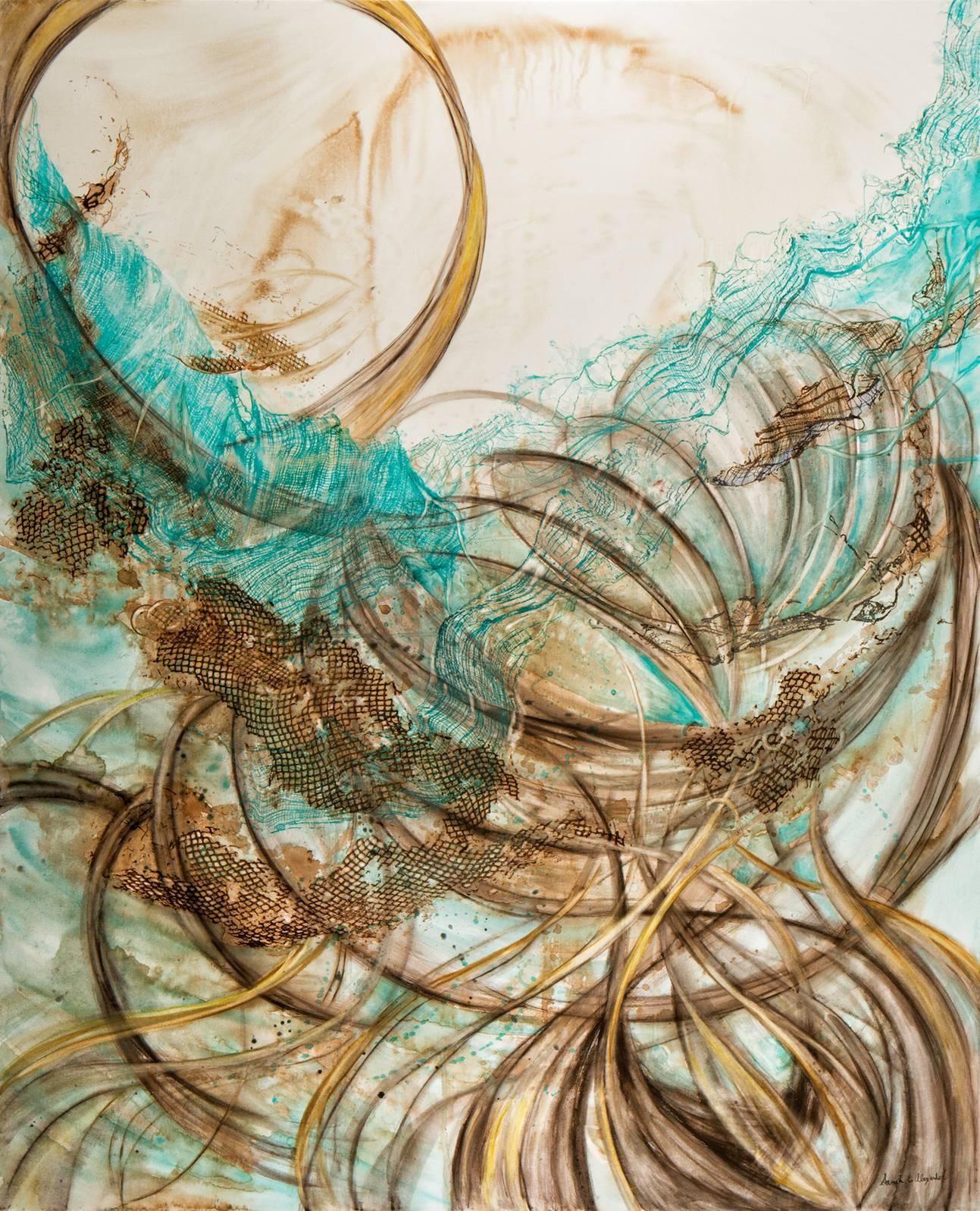 Sarah Alexander Abstract Painting – "In Flux", abstrakt, türkis, braun, Mischtechnik, Aquarell, Malerei