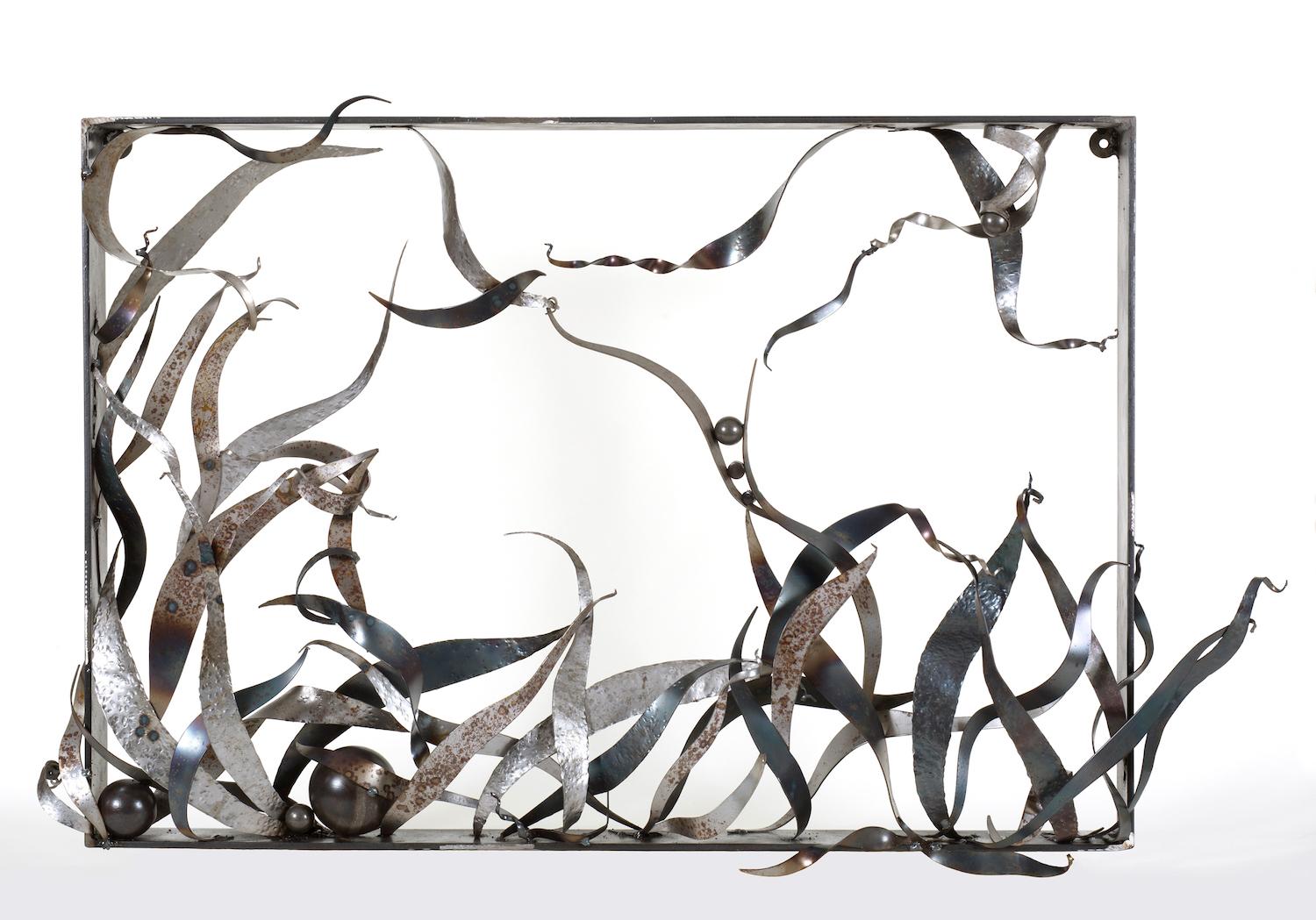 Sarah Alexander Abstract Sculpture - "Please Keep Off the Grass", steel, abstract, wall sculpture with stand