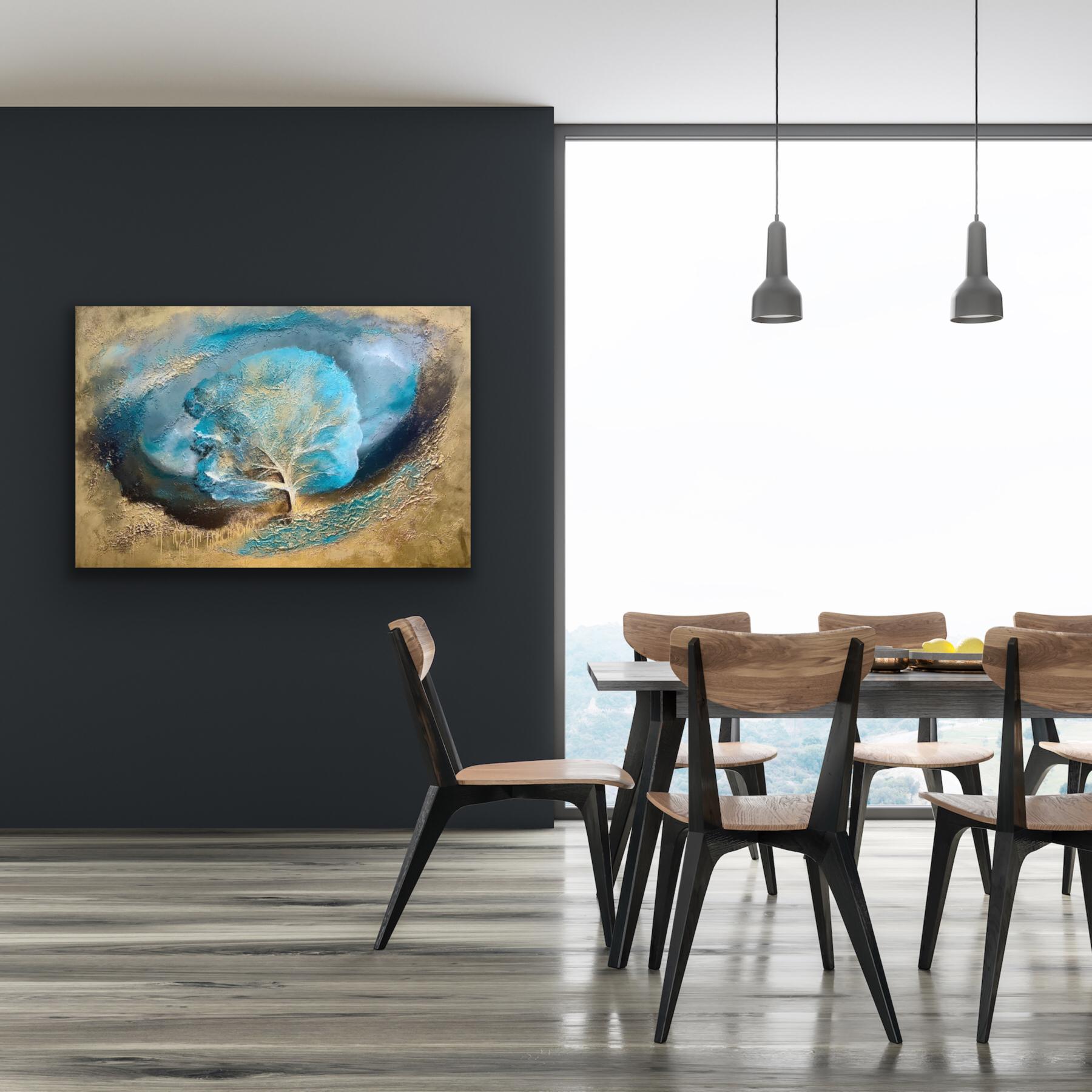 Un fiore di ceruleo, opera d'arte astratta di paesaggio, dipinti acrilici vibranti - Painting Astratto di Sarah Berger