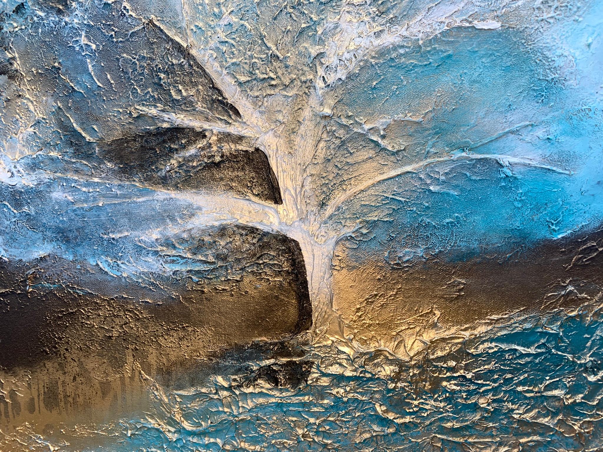 Un fiore di ceruleo, opera d'arte astratta di paesaggio, dipinti acrilici vibranti - Landscape Painting Grigio di Sarah Berger