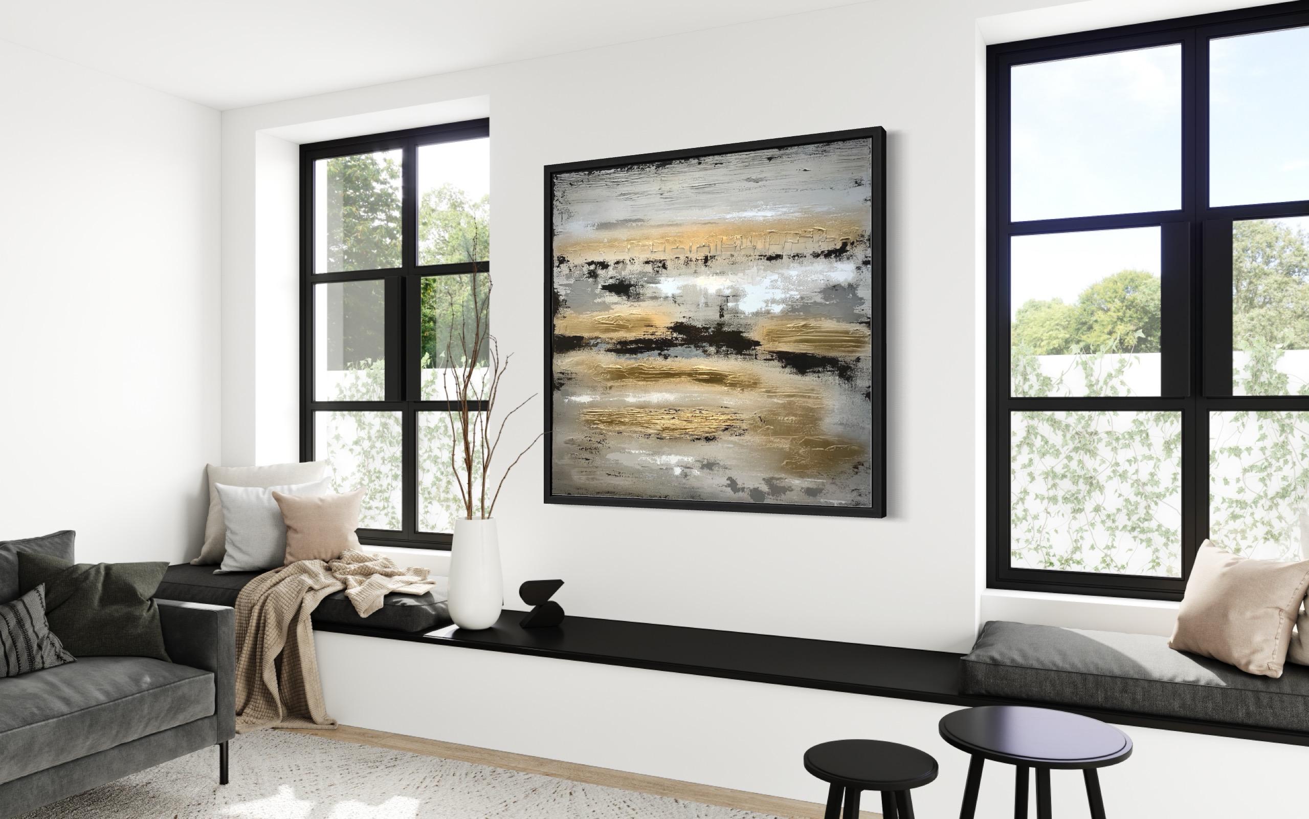 A Trip To Sandbanks, Abstract Landscape Painting, Dramatic Original Artwork - Gray Abstract Painting by Sarah Berger