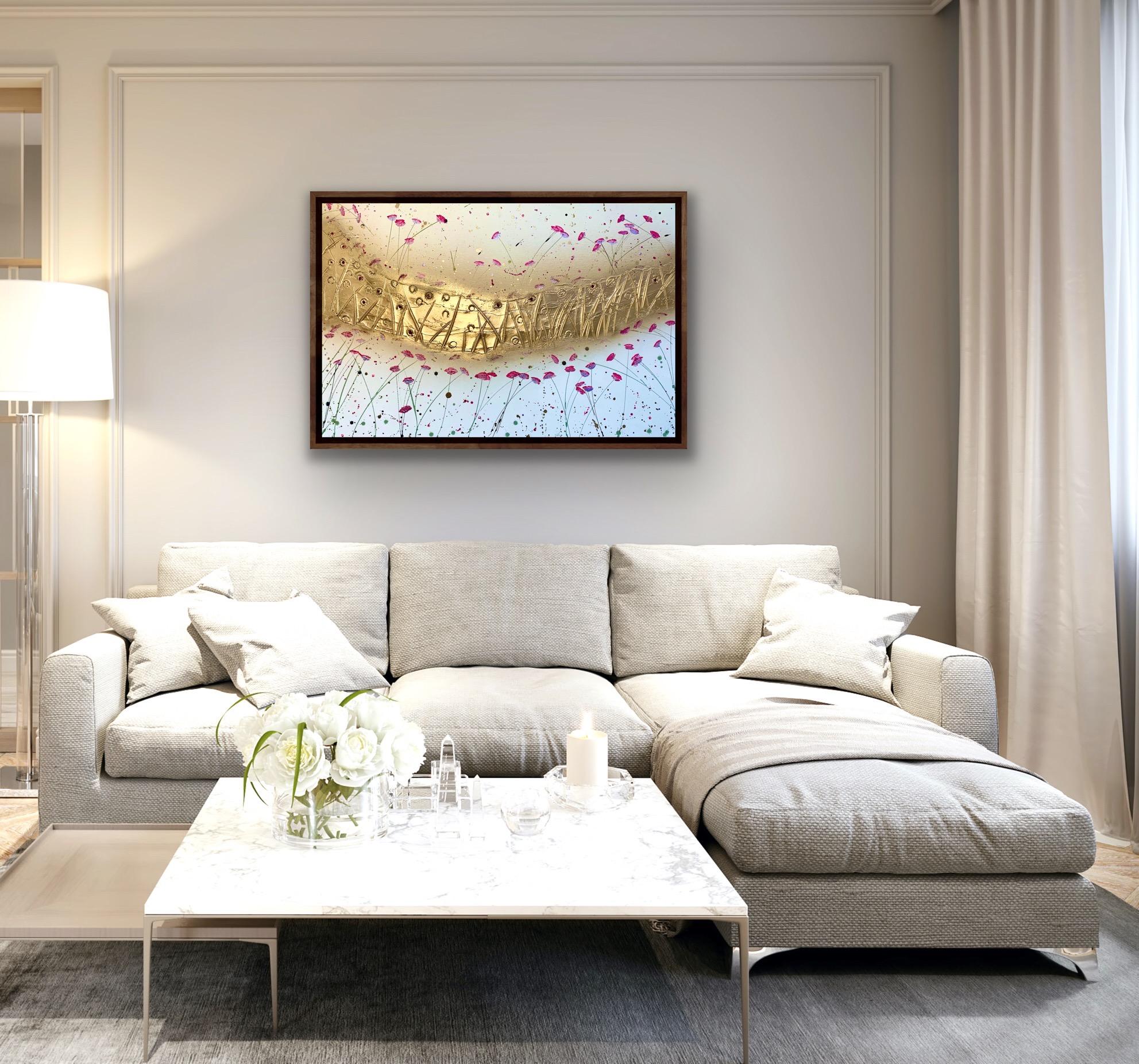 Hot Pink Radiance, Bright Abstract Painting, Gold Pink and White Art, Interior - Beige Interior Painting by Sarah Berger