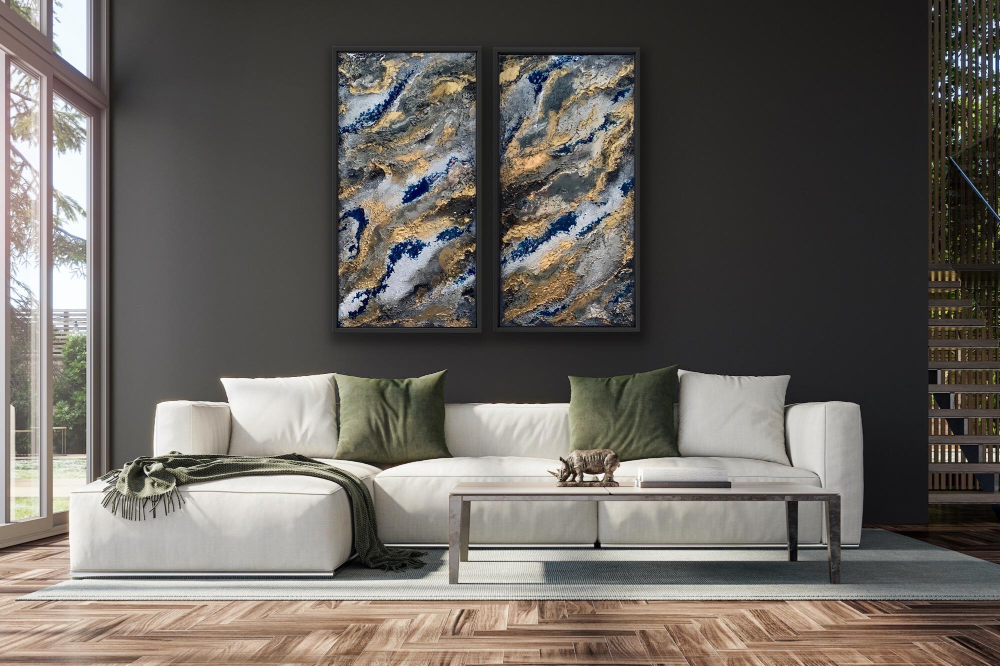 Moody colours on this stormy abstract seascape work. Gorgeous blue resin and stunning golds. Original artworks full of deep textures using artist clay, radiant with metallic gold highlights. Balanced by shiny resin areas. This piece really does