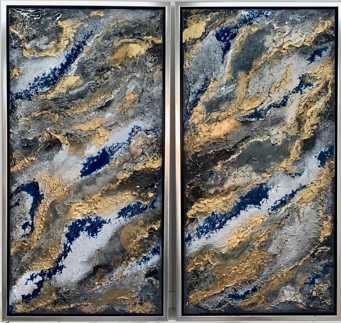 The Way of the Water Diptych, Original Blue, black and Gold Abstract Painting For Sale 1