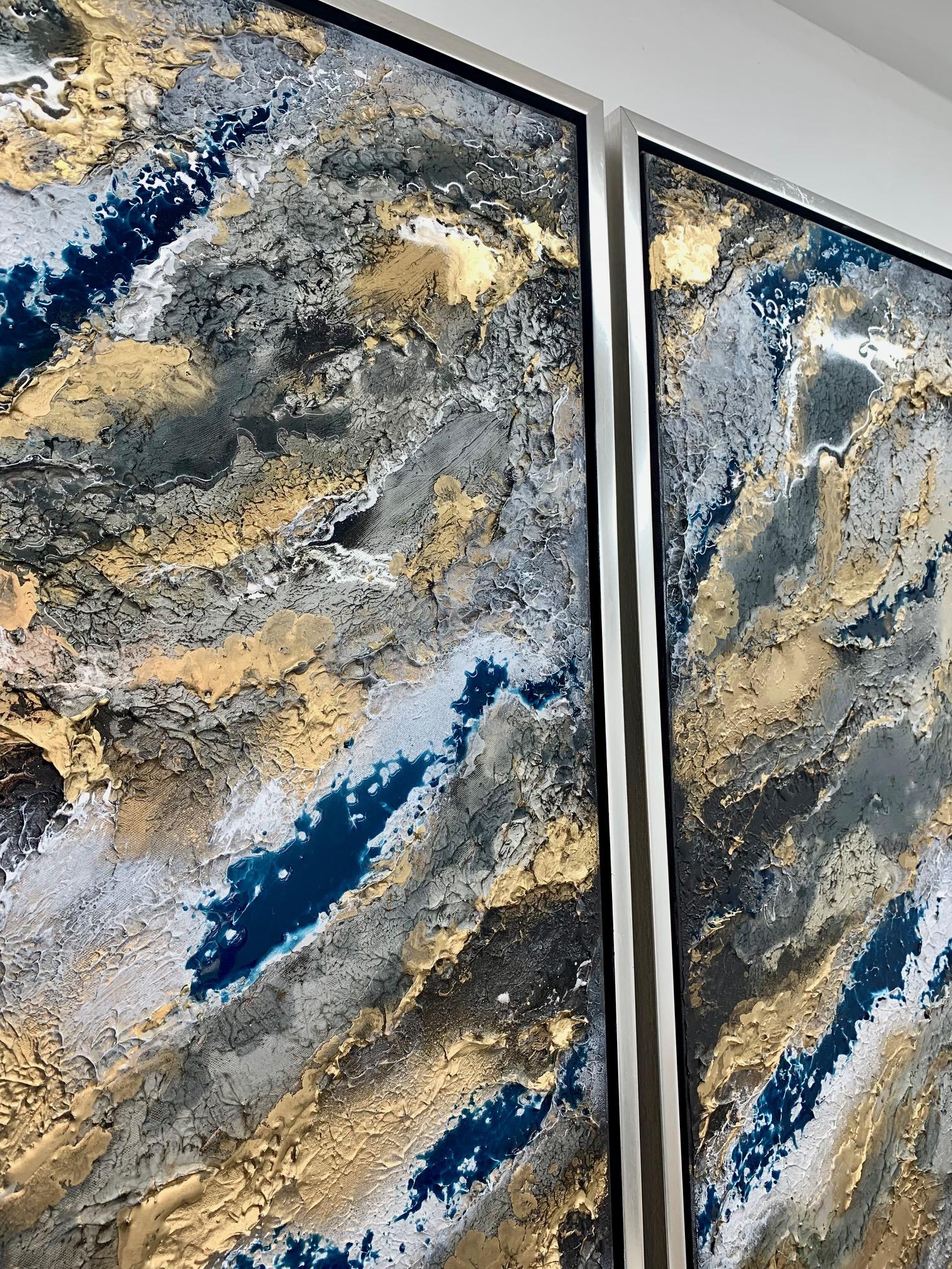 The Way of the Water Diptych, Original Blue, black and Gold Abstract Painting For Sale 2